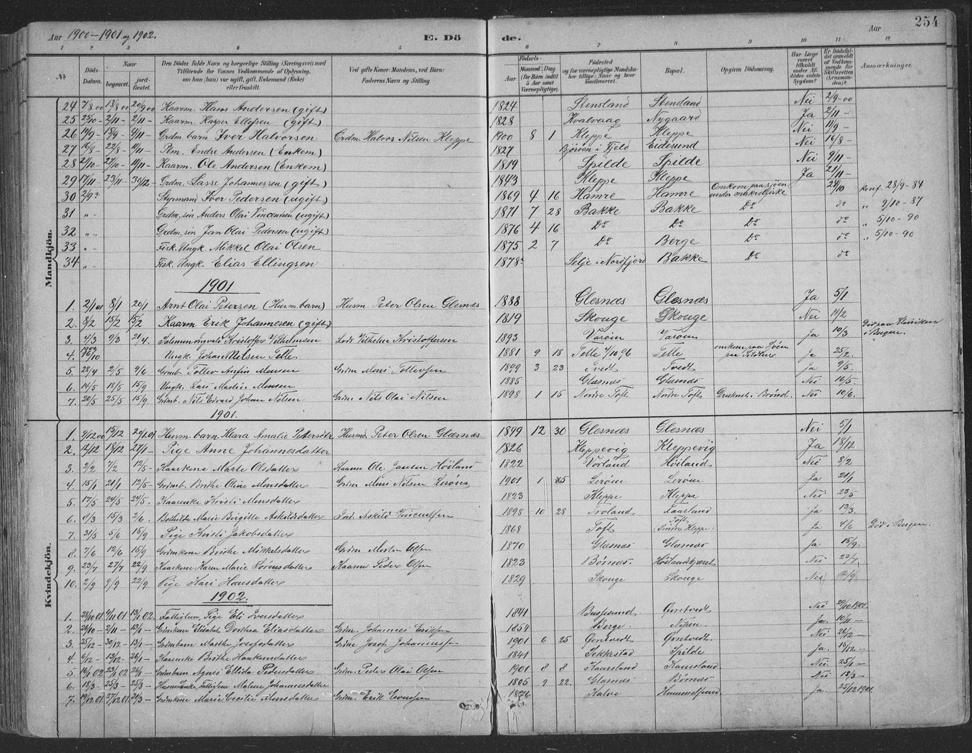Sund sokneprestembete, SAB/A-99930: Parish register (copy) no. B 3, 1882-1911, p. 254
