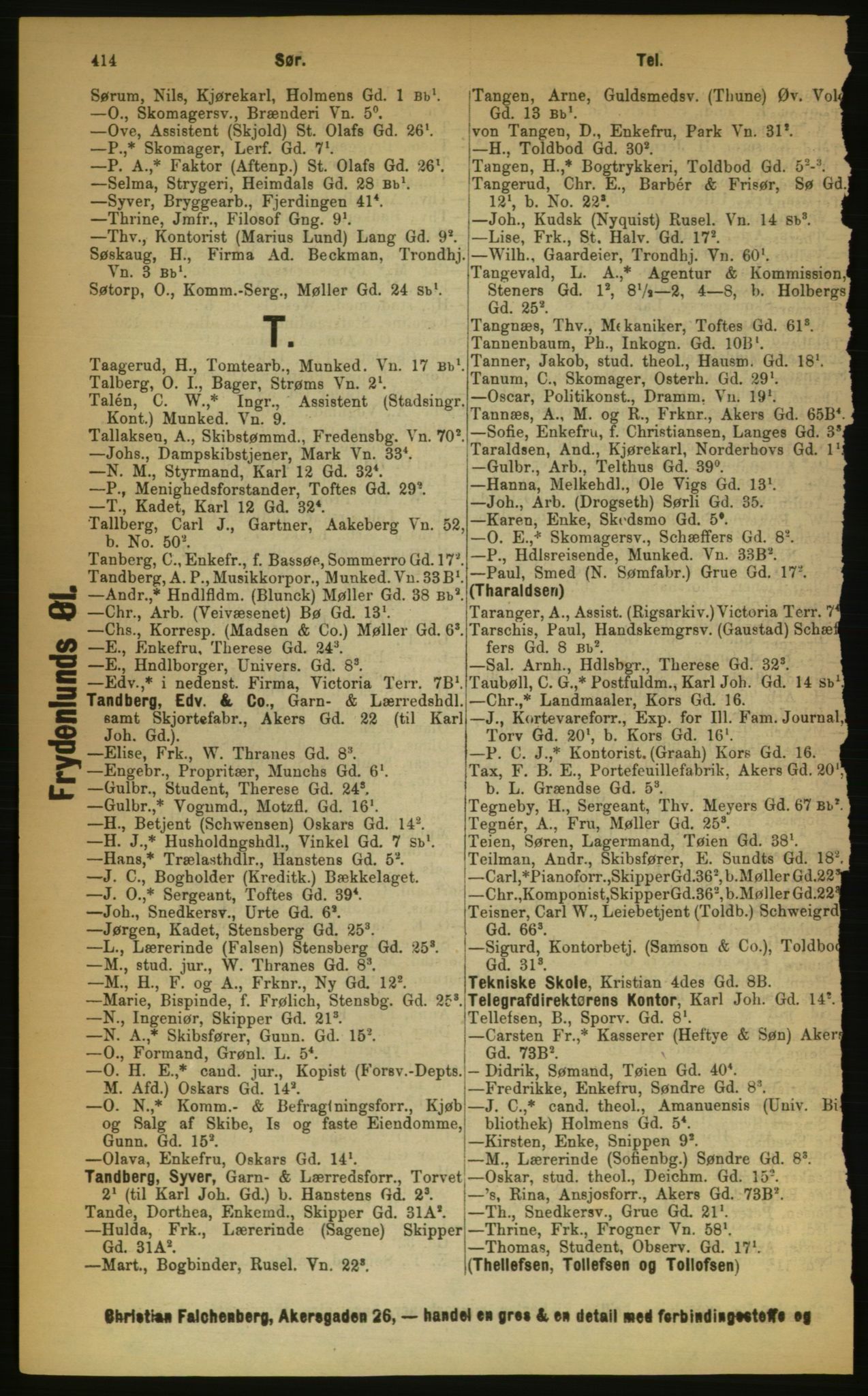 Kristiania/Oslo adressebok, PUBL/-, 1889, p. 414