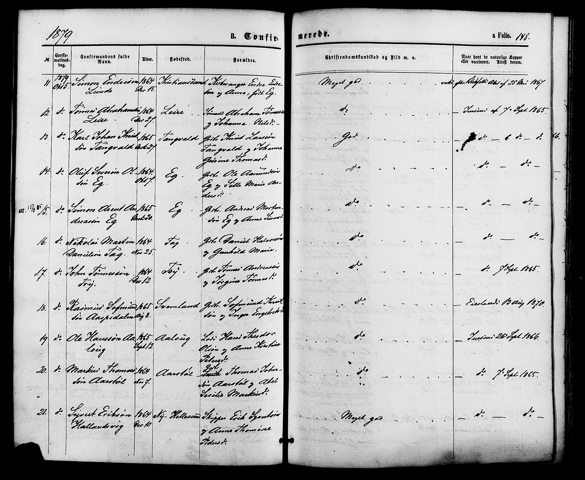 Søgne sokneprestkontor, AV/SAK-1111-0037/F/Fa/Fab/L0011: Parish register (official) no. A 11, 1869-1879, p. 148