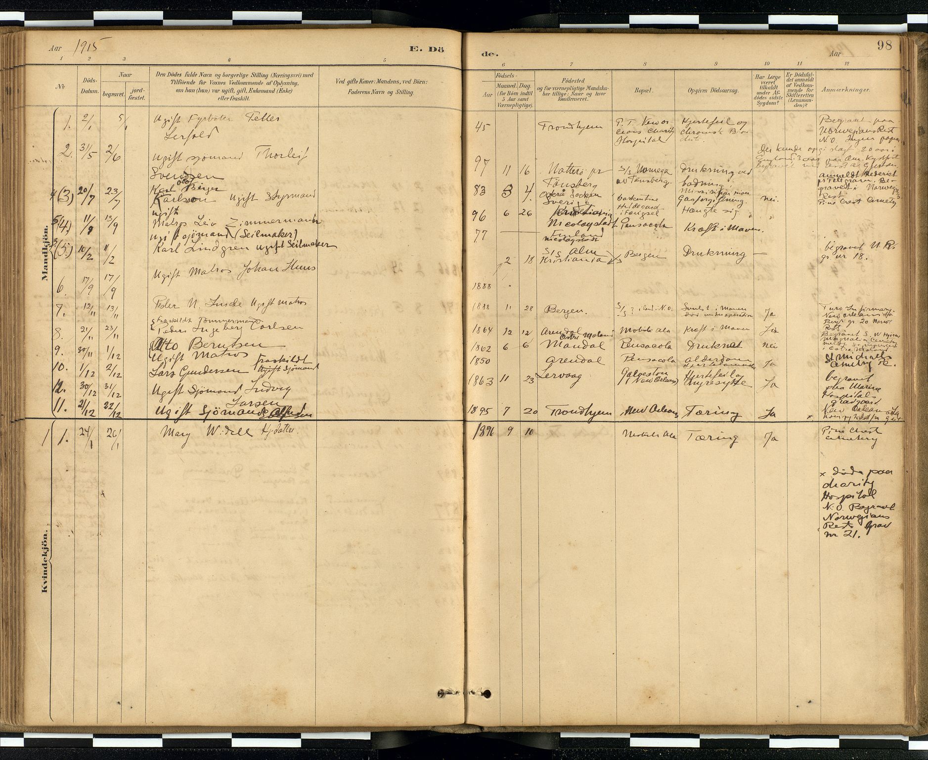 Den norske sjømannsmisjon i utlandet / Quebec (Canada) samt Pensacola--Savannah-Mobile-New Orleans-Gulfport (Gulfhamnene i USA), AV/SAB-SAB/PA-0114/H/Ha/L0001: Parish register (official) no. A 1, 1887-1924, p. 97b-98a