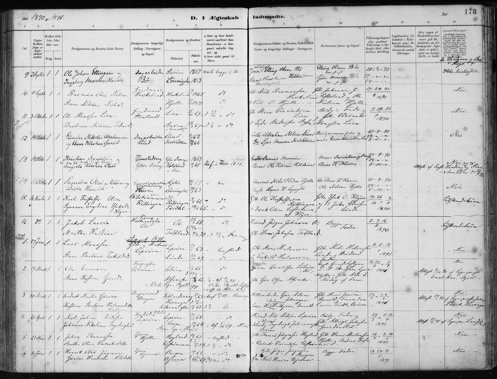 Os sokneprestembete, SAB/A-99929: Parish register (official) no. B 1, 1885-1902, p. 173
