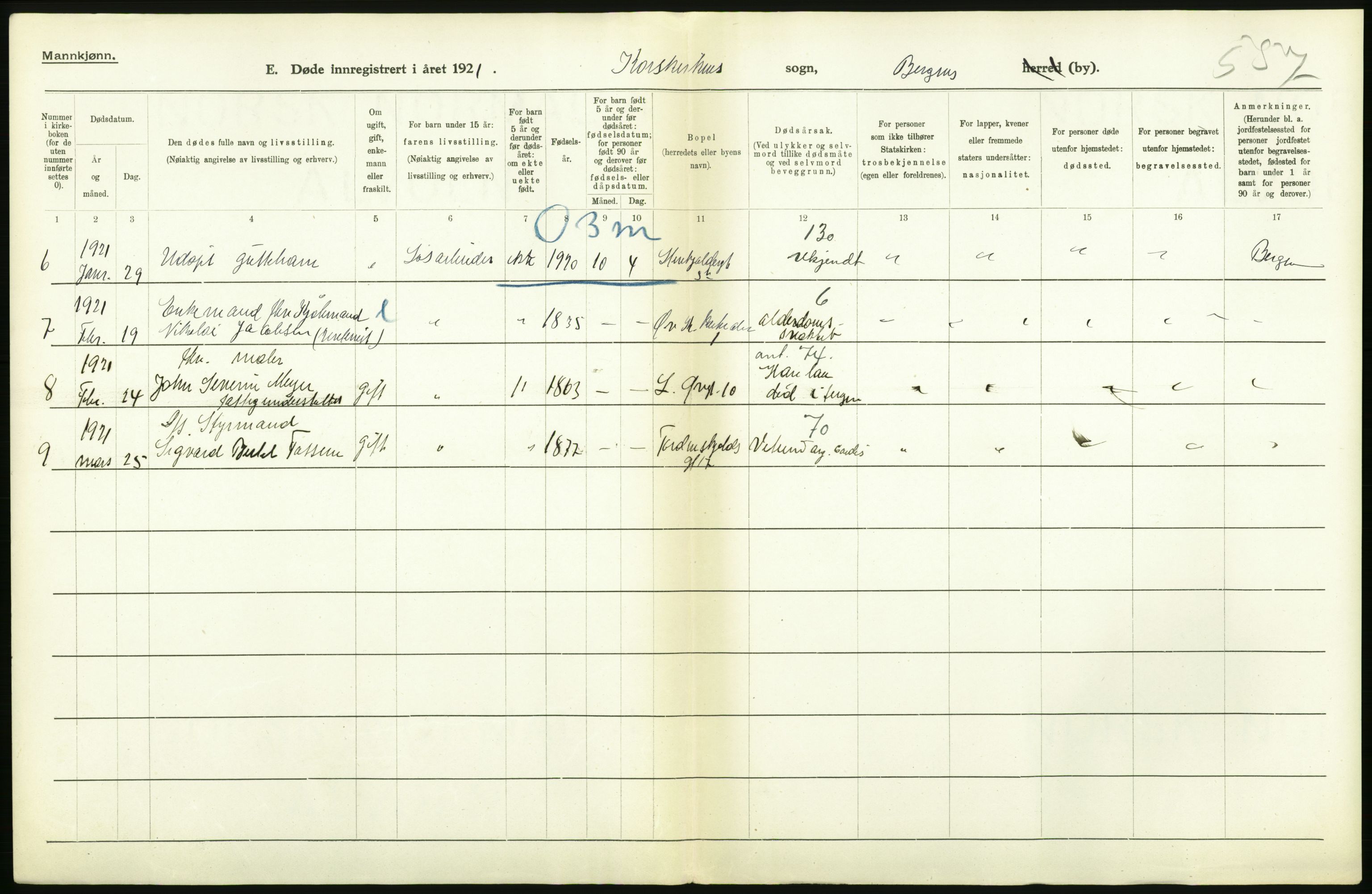 Statistisk sentralbyrå, Sosiodemografiske emner, Befolkning, AV/RA-S-2228/D/Df/Dfc/Dfca/L0036: Bergen: Døde., 1921, p. 26