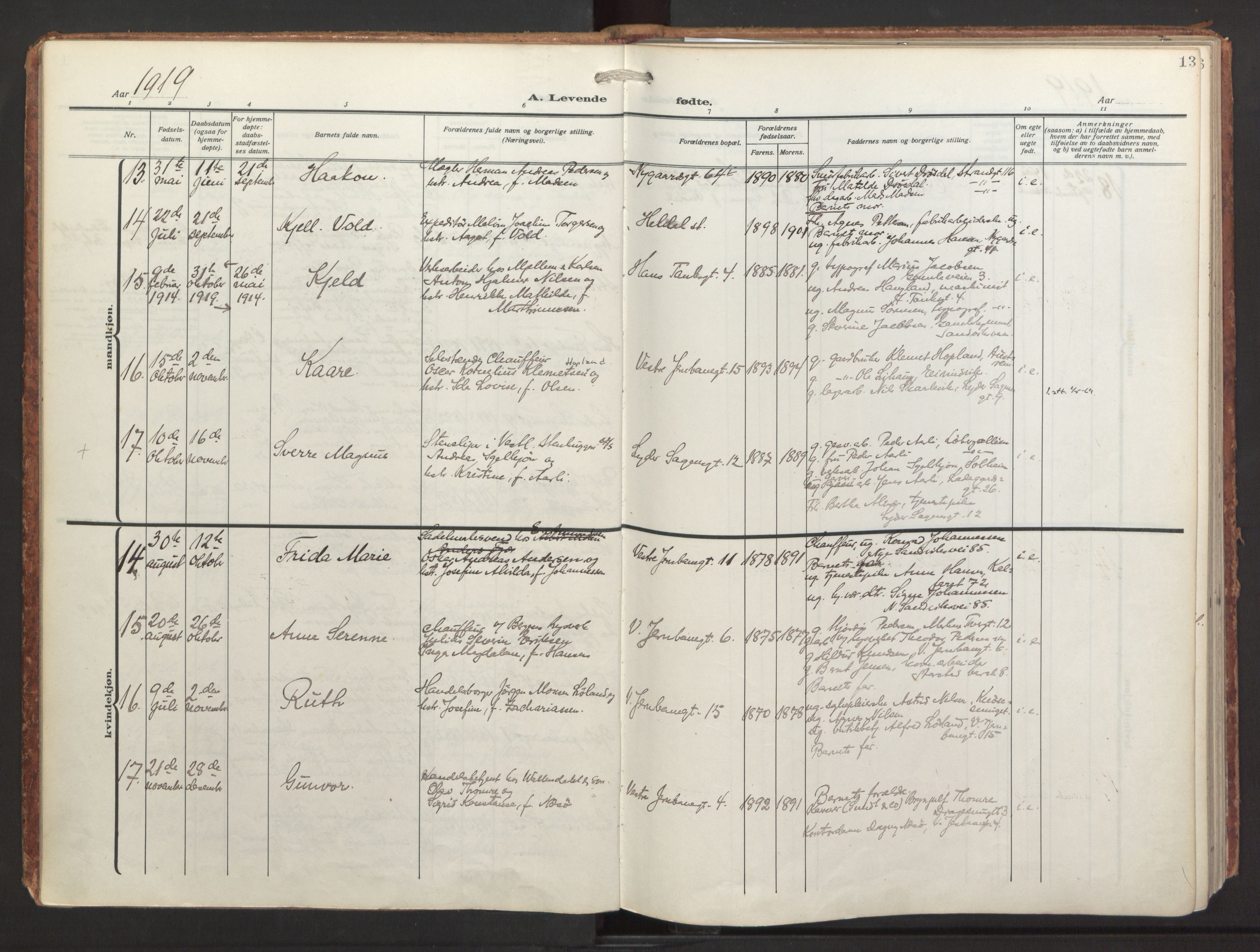 St. Jacob sokneprestembete, AV/SAB-A-78001/H/Haa/L0001: Parish register (official) no. A 1, 1917-1952, p. 13