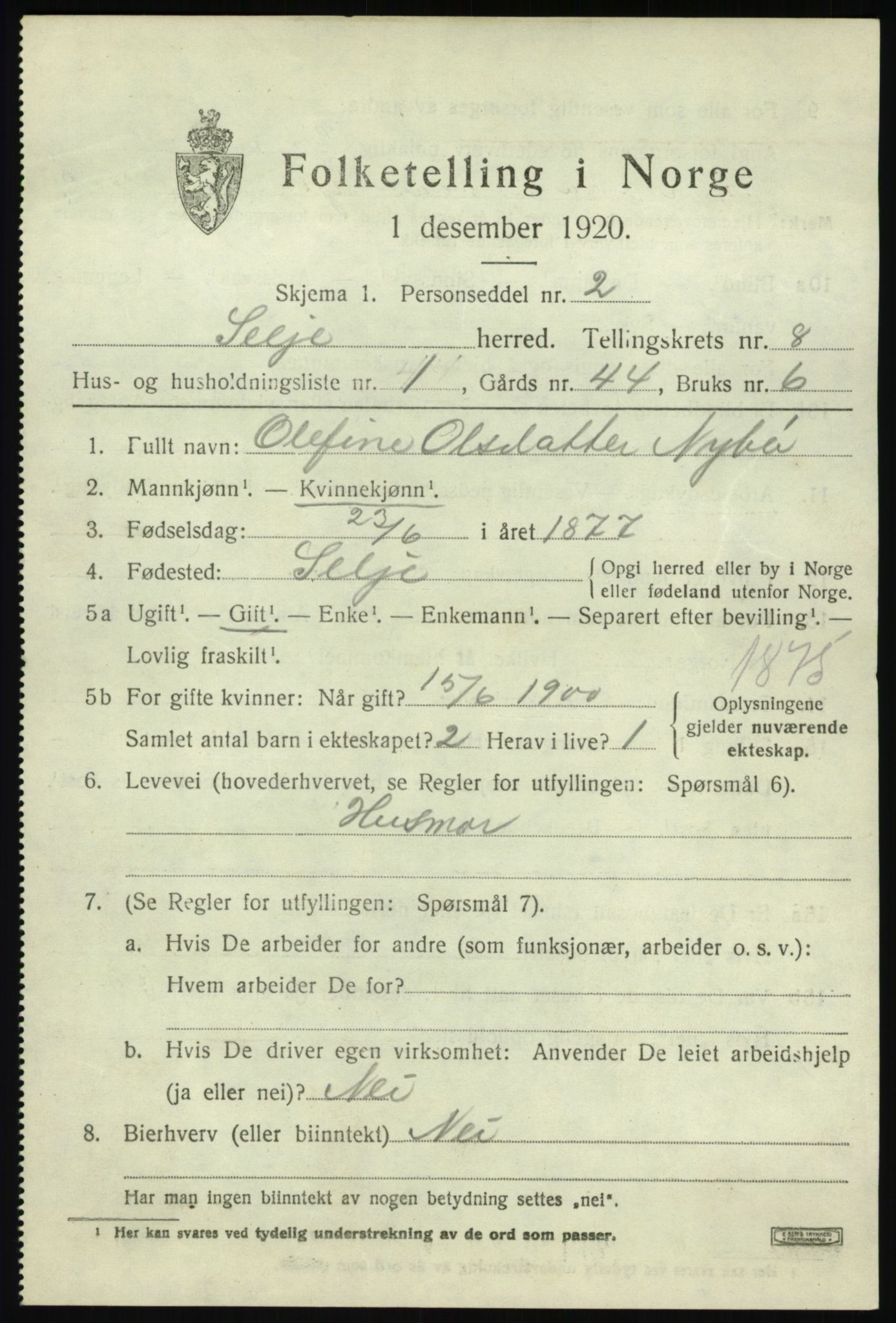 SAB, 1920 census for Selje, 1920, p. 3947