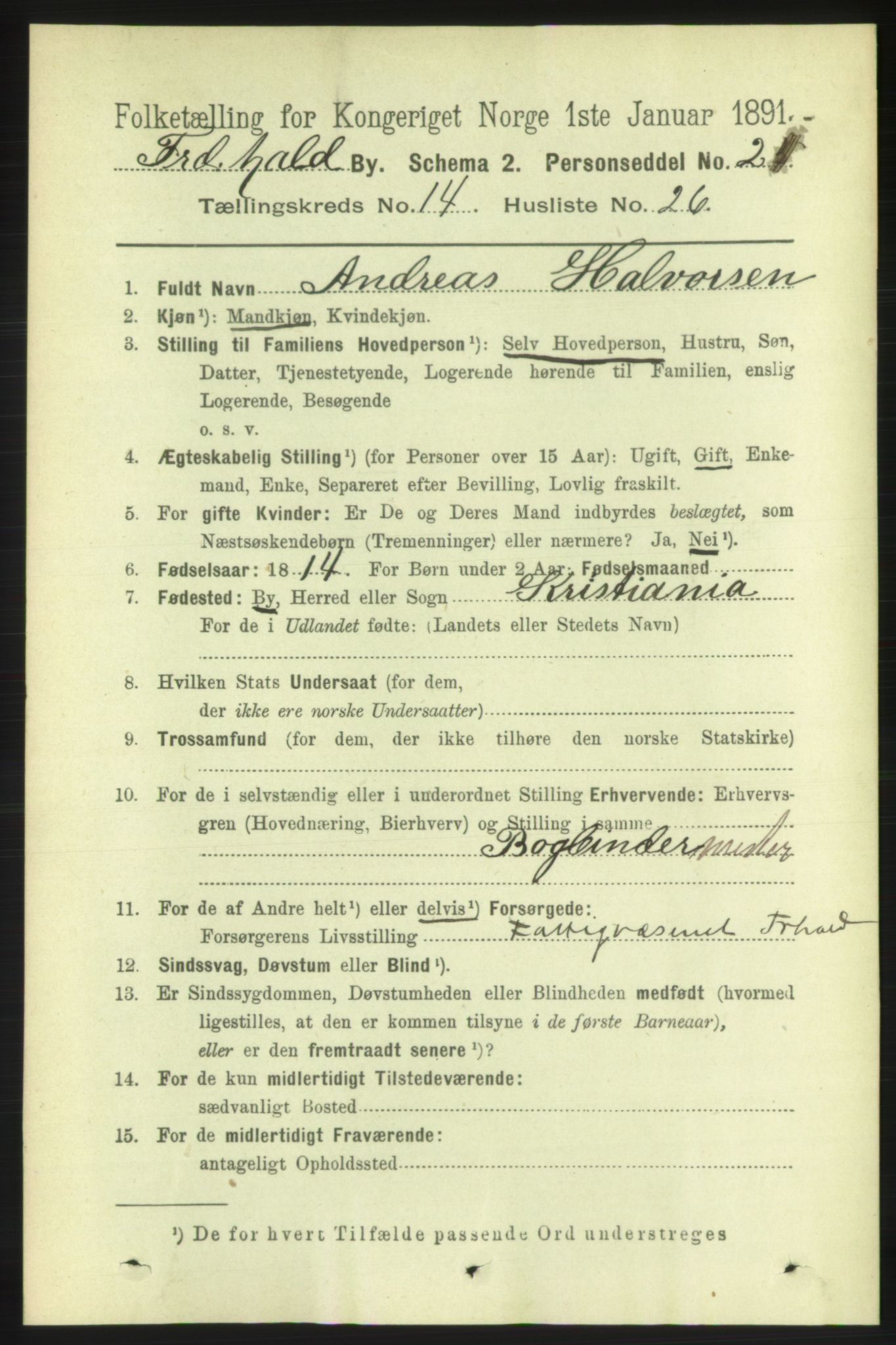 RA, 1891 census for 0101 Fredrikshald, 1891, p. 9394