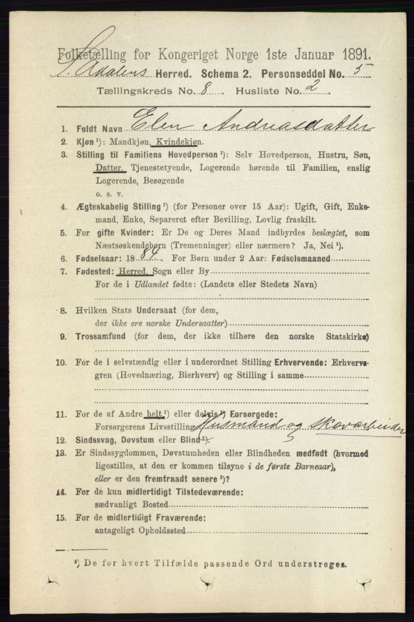 RA, 1891 census for 0419 Sør-Odal, 1891, p. 3986