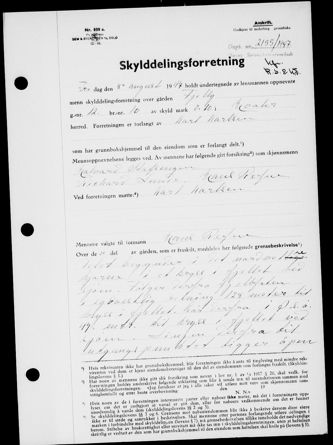 Onsøy sorenskriveri, SAO/A-10474/G/Ga/Gab/L0021: Mortgage book no. II A-21, 1947-1947, Diary no: : 2154/1947