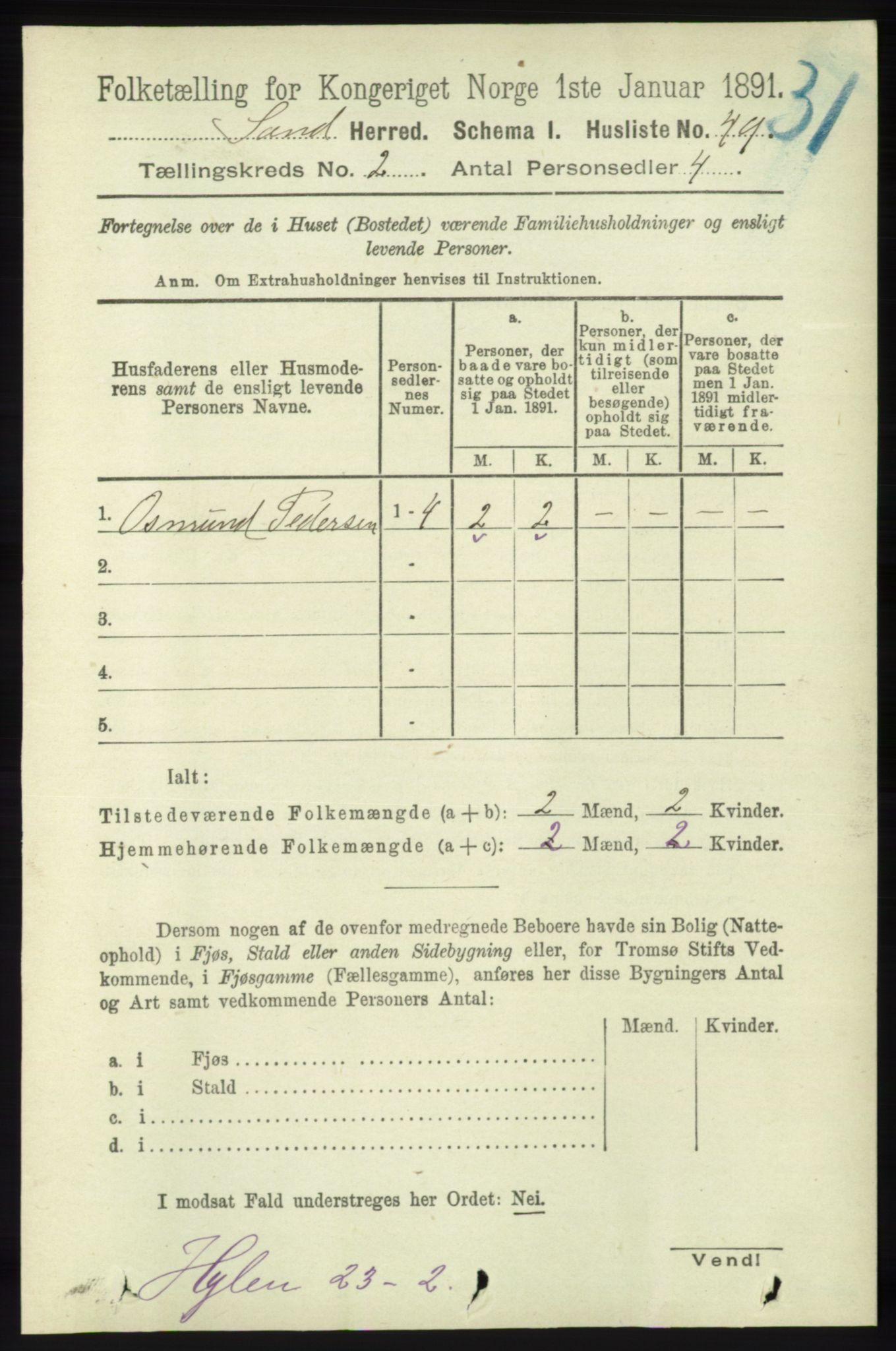 RA, 1891 census for 1136 Sand, 1891, p. 332