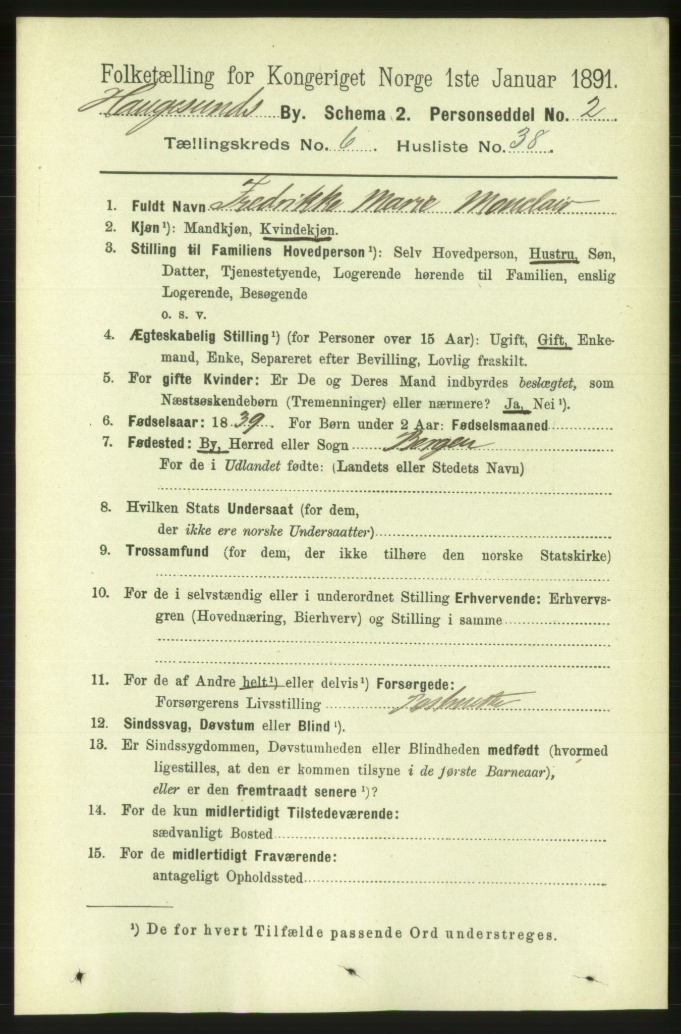 RA, 1891 census for 1106 Haugesund, 1891, p. 2998