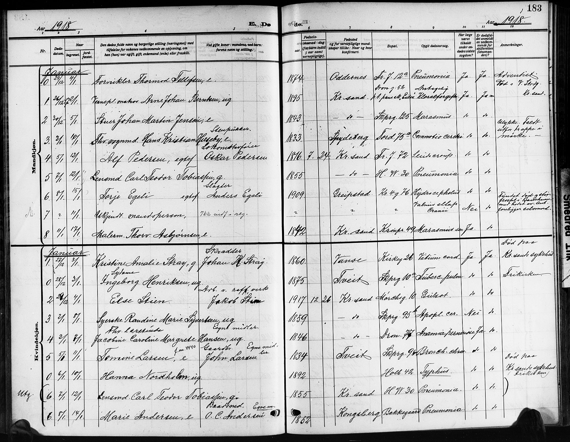 Kristiansand domprosti, SAK/1112-0006/F/Fb/L0022: Parish register (copy) no. B 22, 1915-1925, p. 183