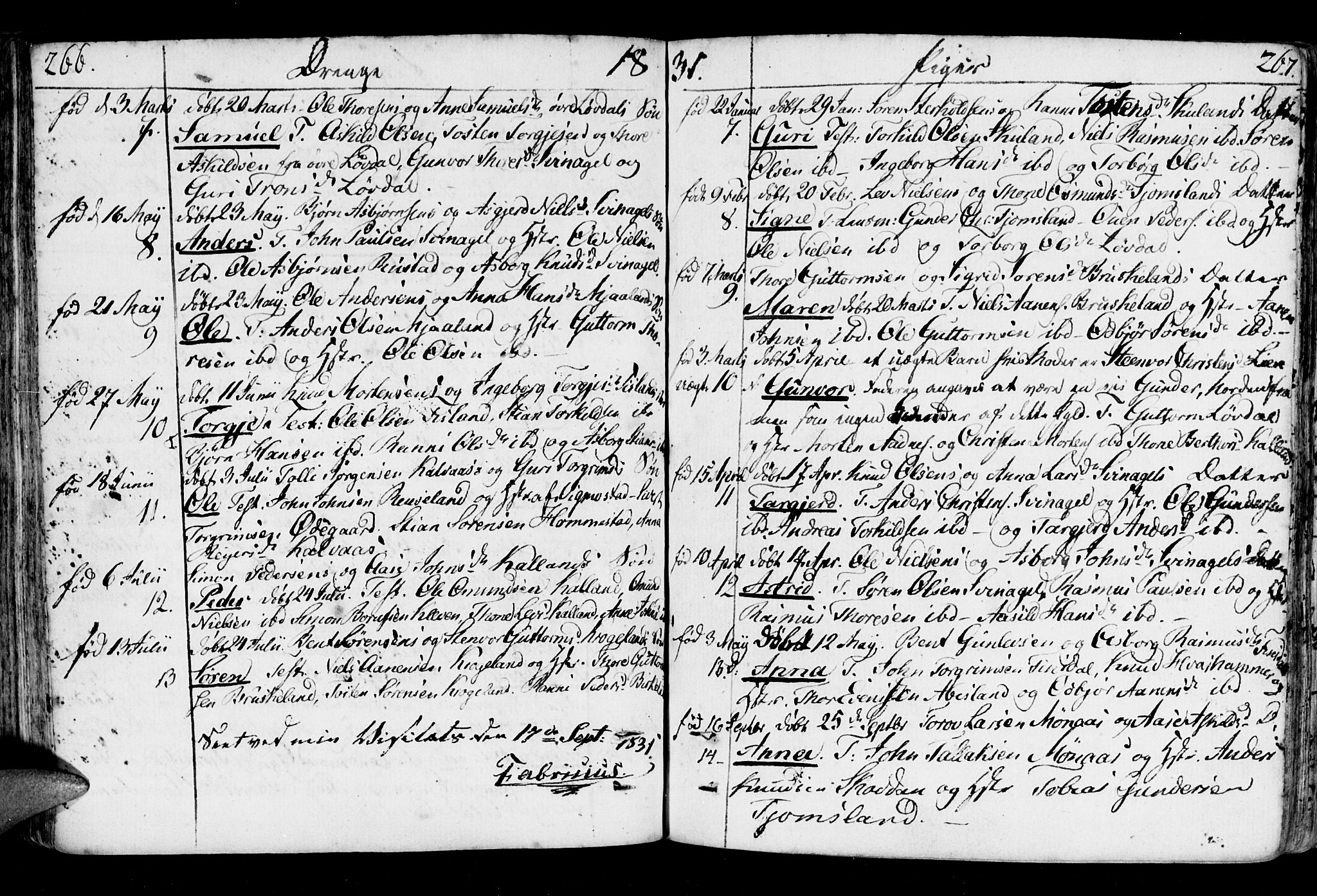 Holum sokneprestkontor, SAK/1111-0022/F/Fa/Fab/L0004: Parish register (official) no. A 4, 1774-1847, p. 266-267