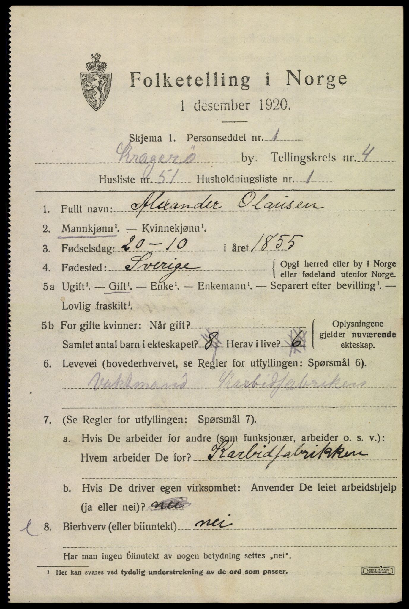 SAKO, 1920 census for Kragerø, 1920, p. 8217