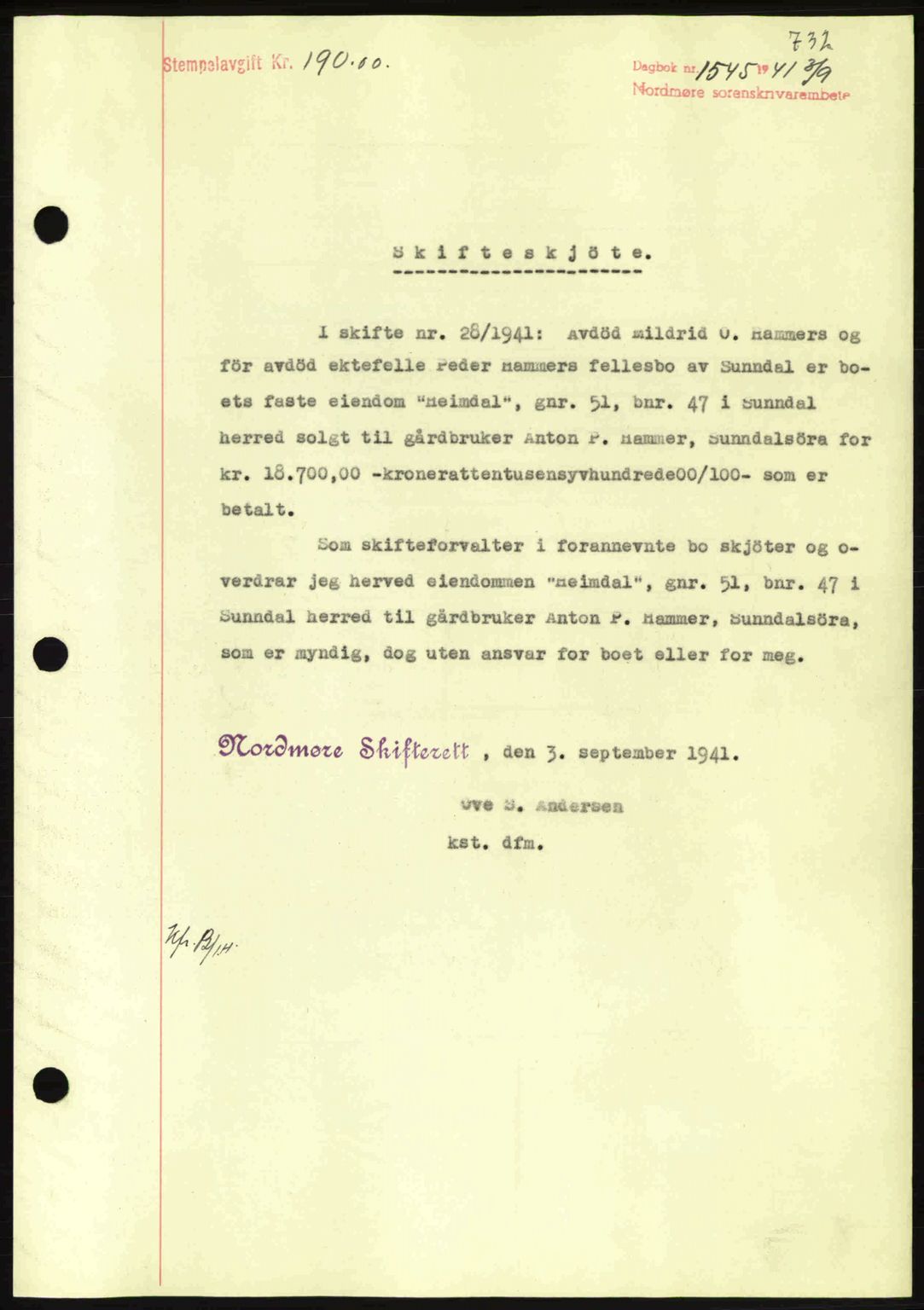 Nordmøre sorenskriveri, SAT/A-4132/1/2/2Ca: Mortgage book no. A90, 1941-1941, Diary no: : 1545/1941