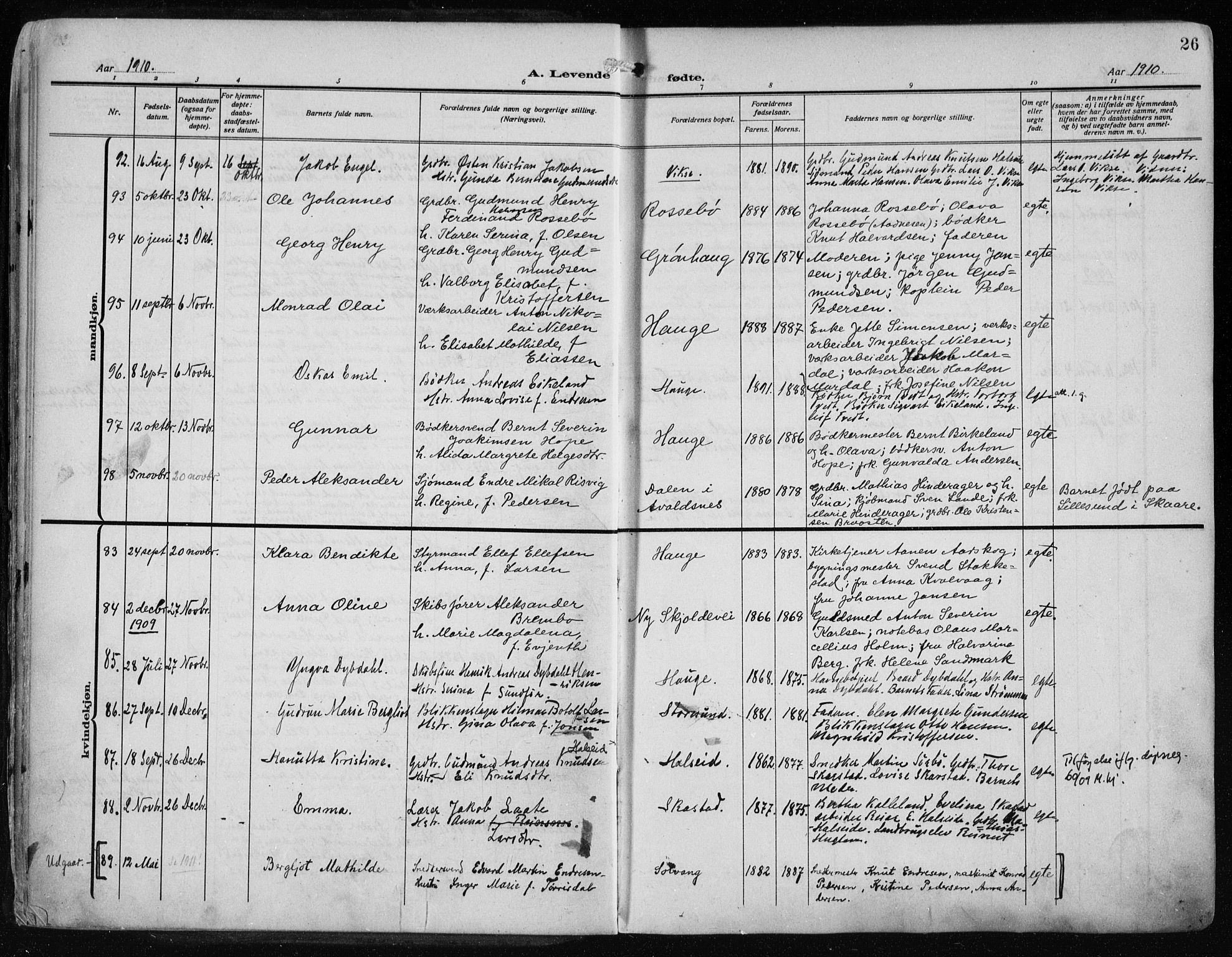Haugesund sokneprestkontor, AV/SAST-A -101863/H/Ha/Haa/L0010: Parish register (official) no. A 10, 1909-1935, p. 26