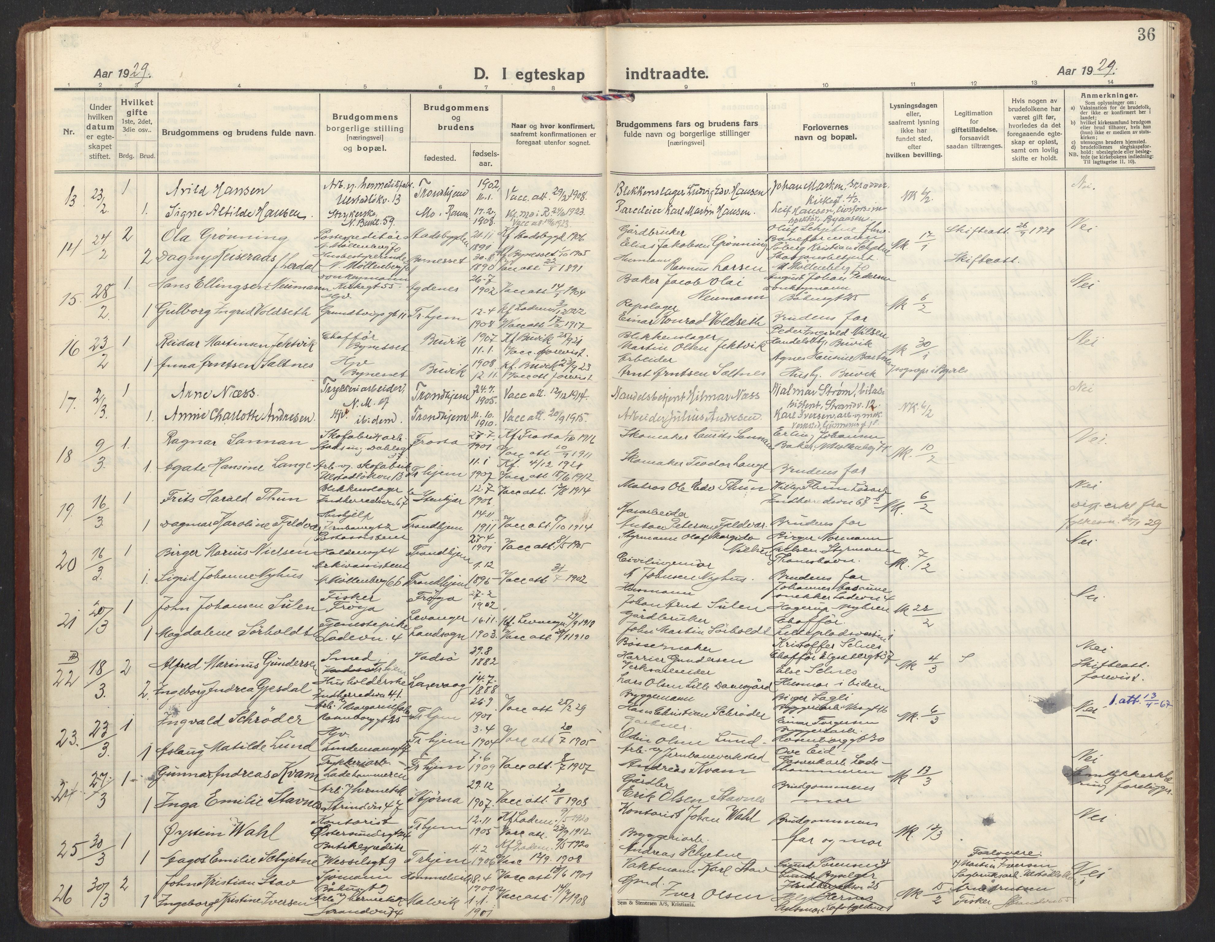 Ministerialprotokoller, klokkerbøker og fødselsregistre - Sør-Trøndelag, SAT/A-1456/605/L0249: Parish register (official) no. 605A11, 1925-1936, p. 36