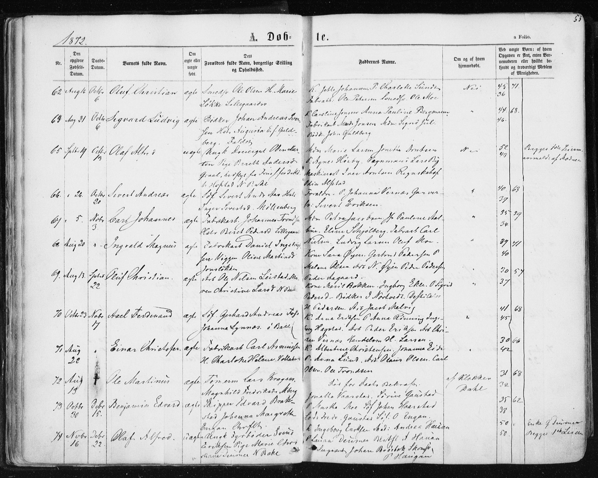 Ministerialprotokoller, klokkerbøker og fødselsregistre - Sør-Trøndelag, SAT/A-1456/604/L0186: Parish register (official) no. 604A07, 1866-1877, p. 55
