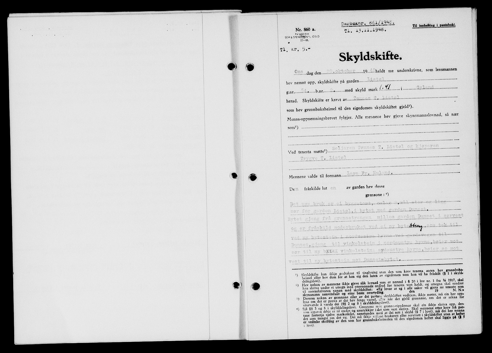 Flekkefjord sorenskriveri, SAK/1221-0001/G/Gb/Gba/L0064: Mortgage book no. A-12, 1948-1949, Diary no: : 861/1948