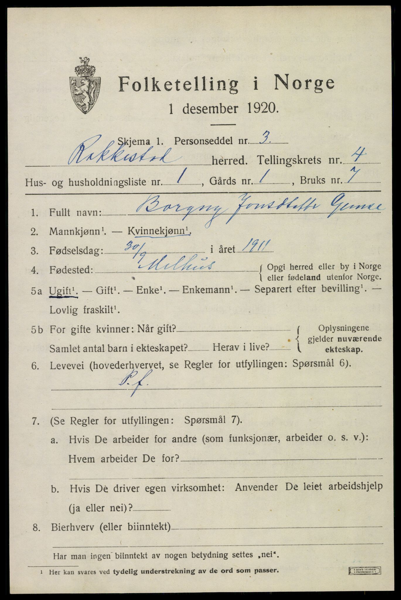 SAO, 1920 census for Rakkestad, 1920, p. 5313