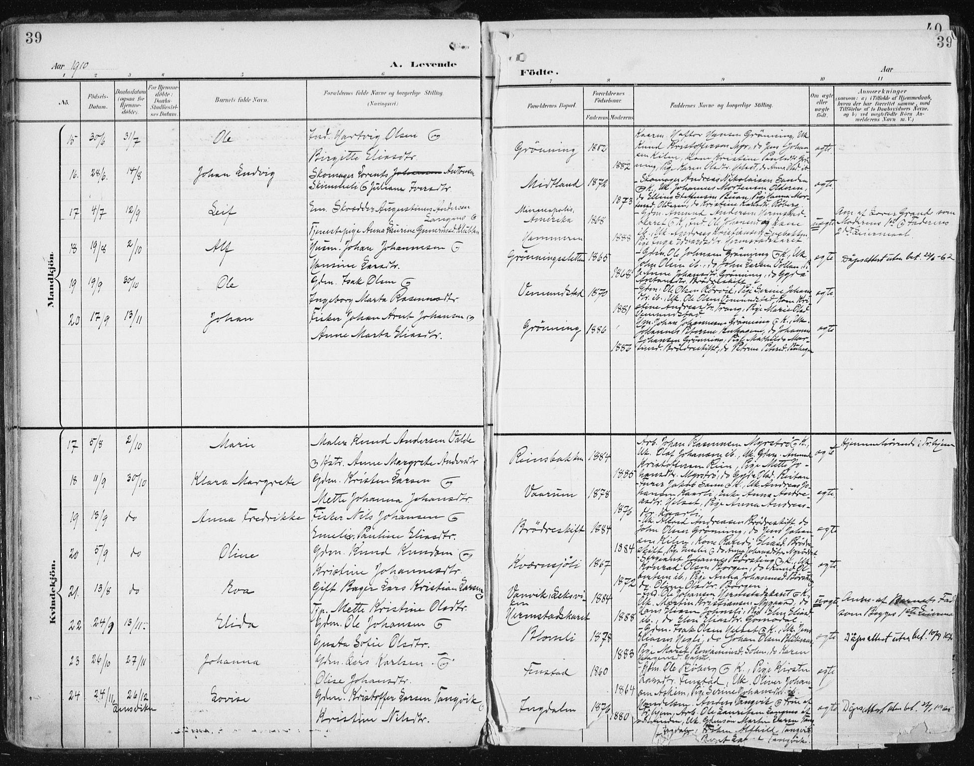 Ministerialprotokoller, klokkerbøker og fødselsregistre - Sør-Trøndelag, SAT/A-1456/646/L0616: Parish register (official) no. 646A14, 1900-1918, p. 39