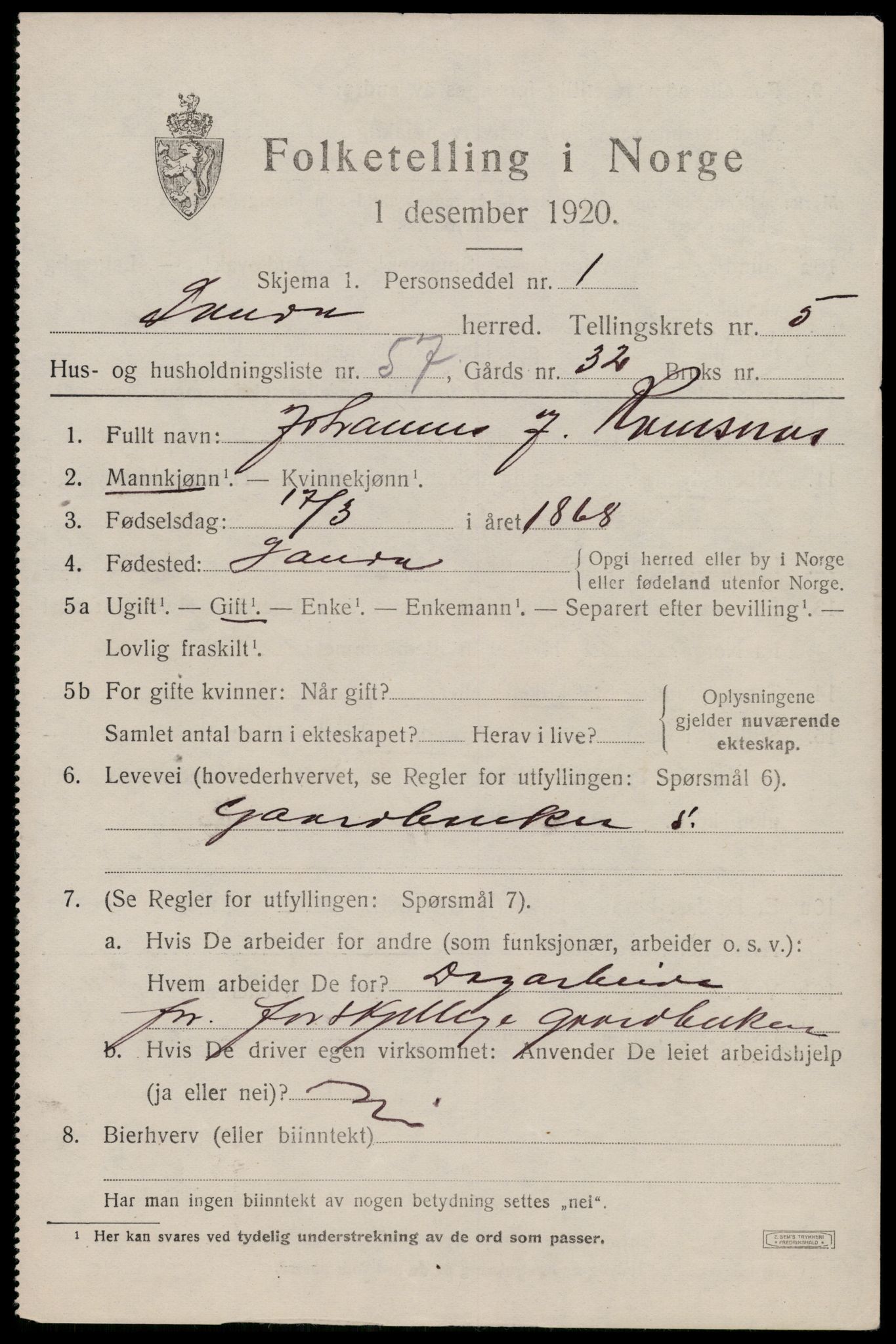 SAST, 1920 census for Sauda, 1920, p. 3710