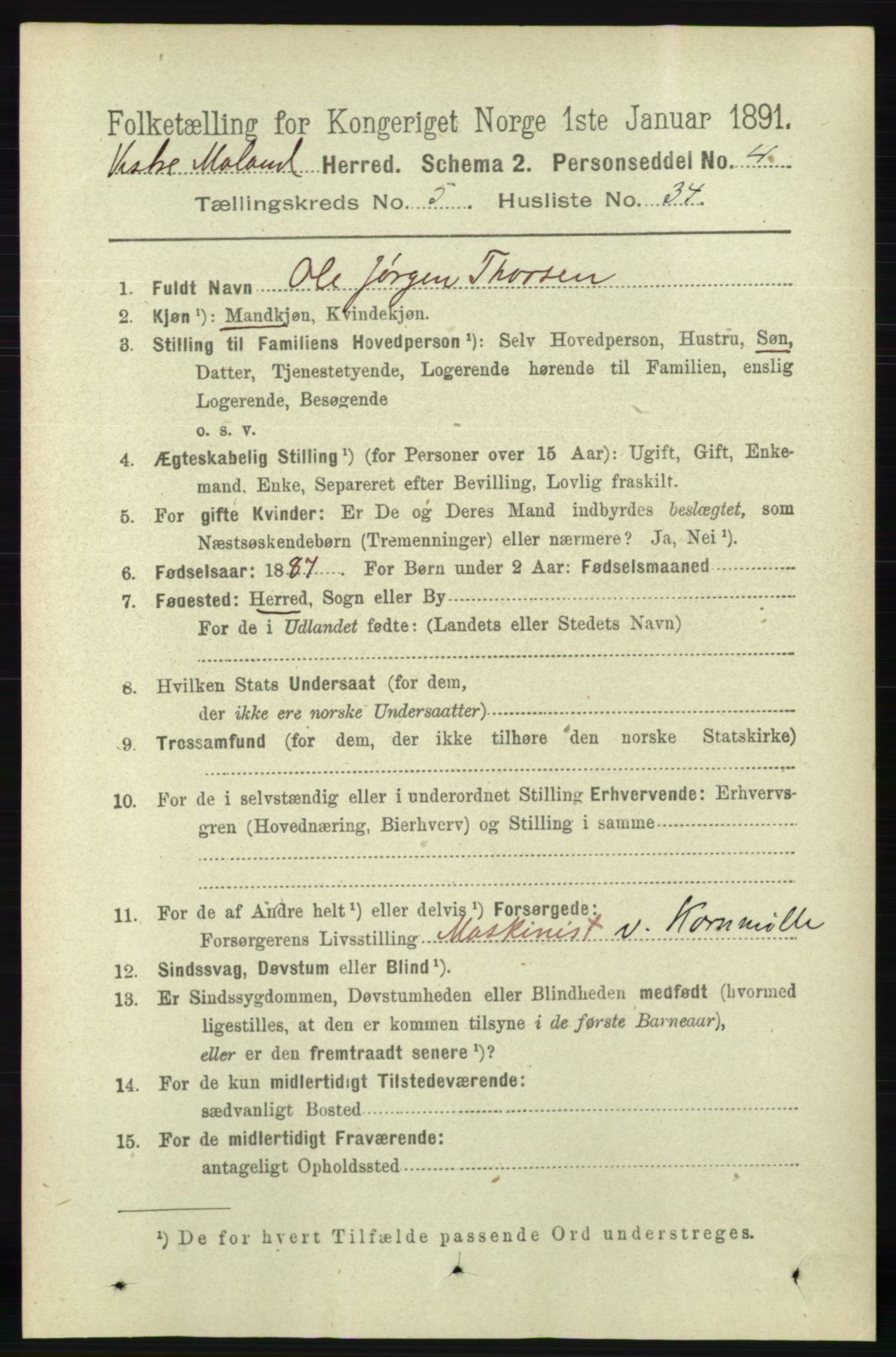 RA, 1891 census for 0926 Vestre Moland, 1891, p. 2013