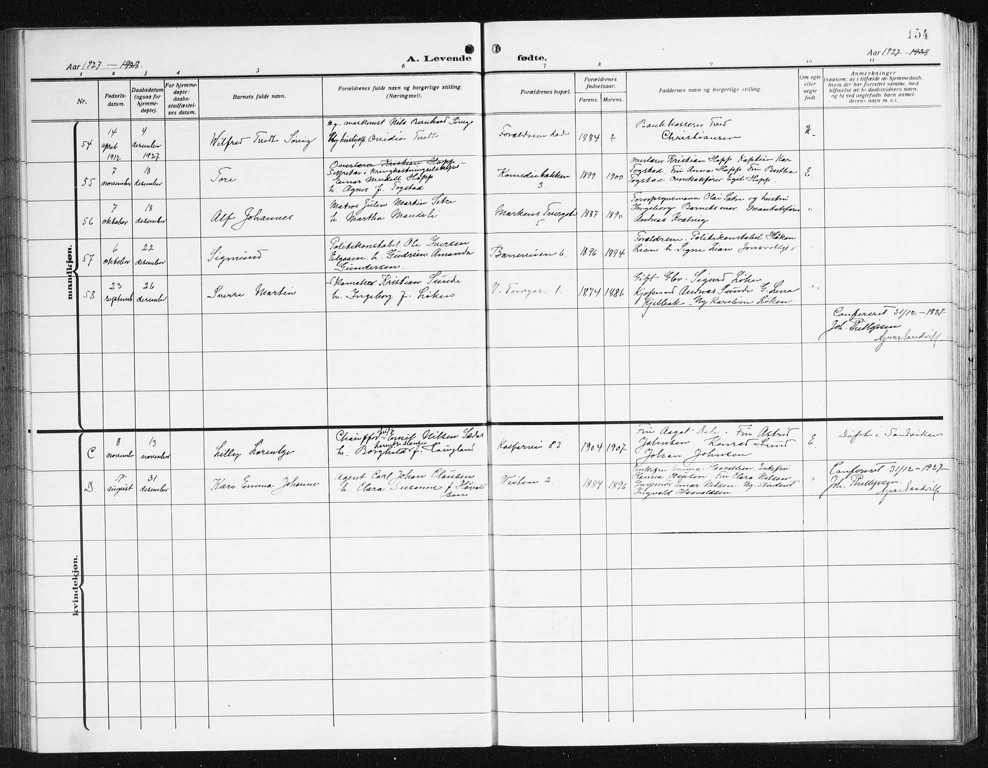 Domkirken sokneprestembete, AV/SAB-A-74801/H/Hab/L0018: Parish register (copy) no. B 11, 1915-1942, p. 154