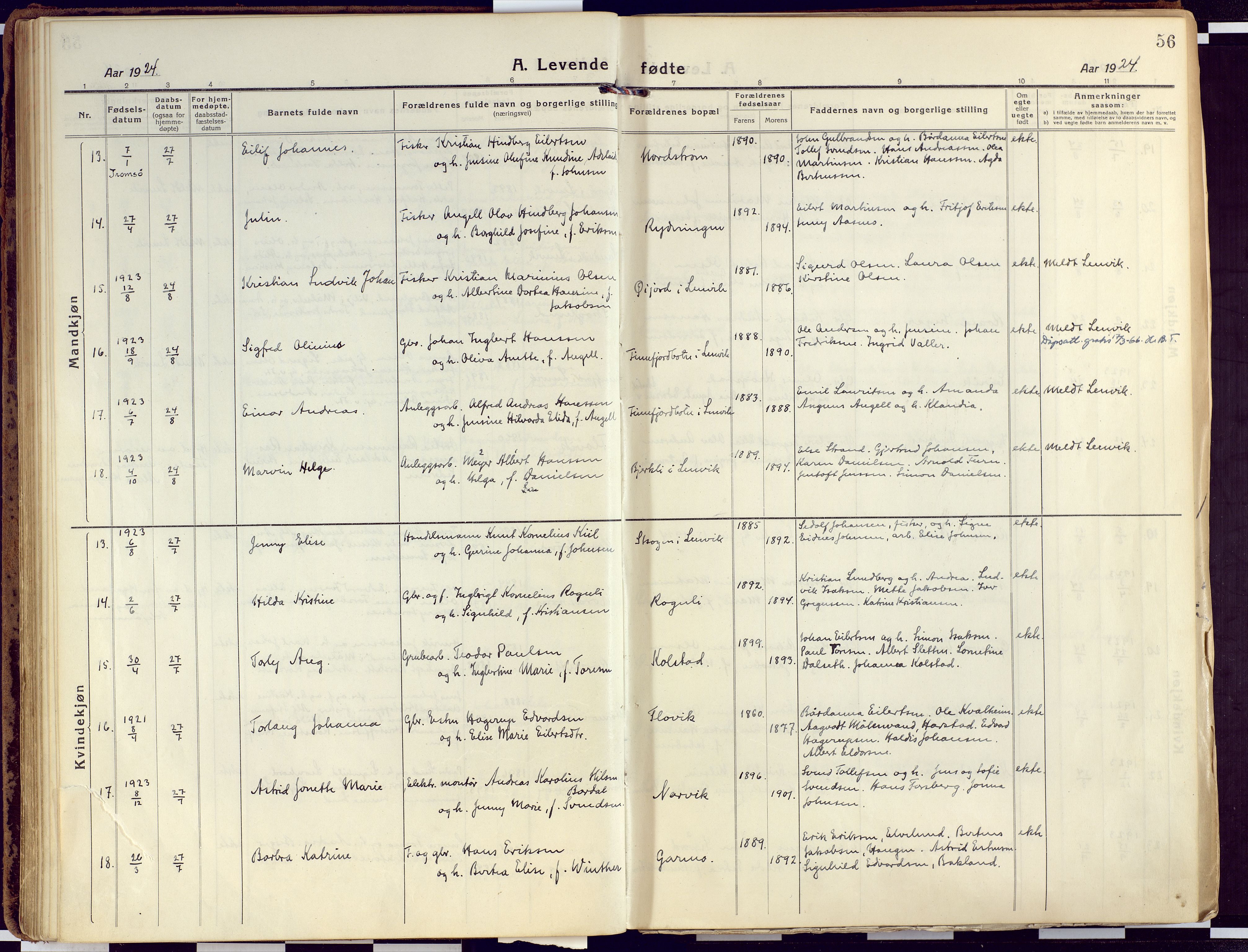 Tranøy sokneprestkontor, AV/SATØ-S-1313/I/Ia/Iaa/L0015kirke: Parish register (official) no. 15, 1919-1928, p. 56