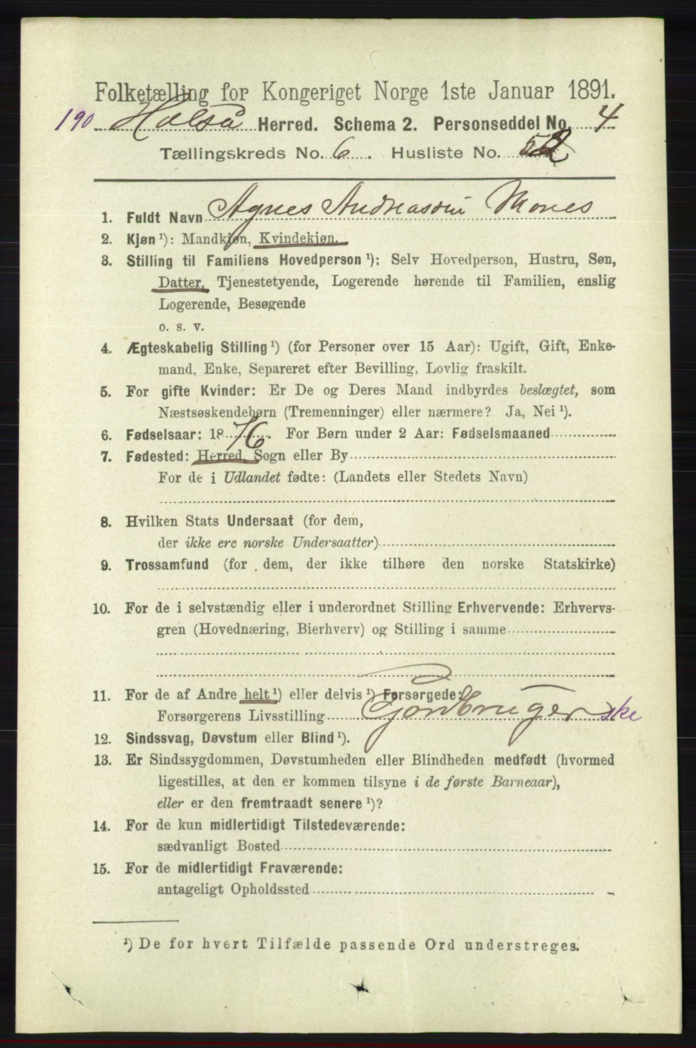 RA, 1891 census for 1019 Halse og Harkmark, 1891, p. 2649