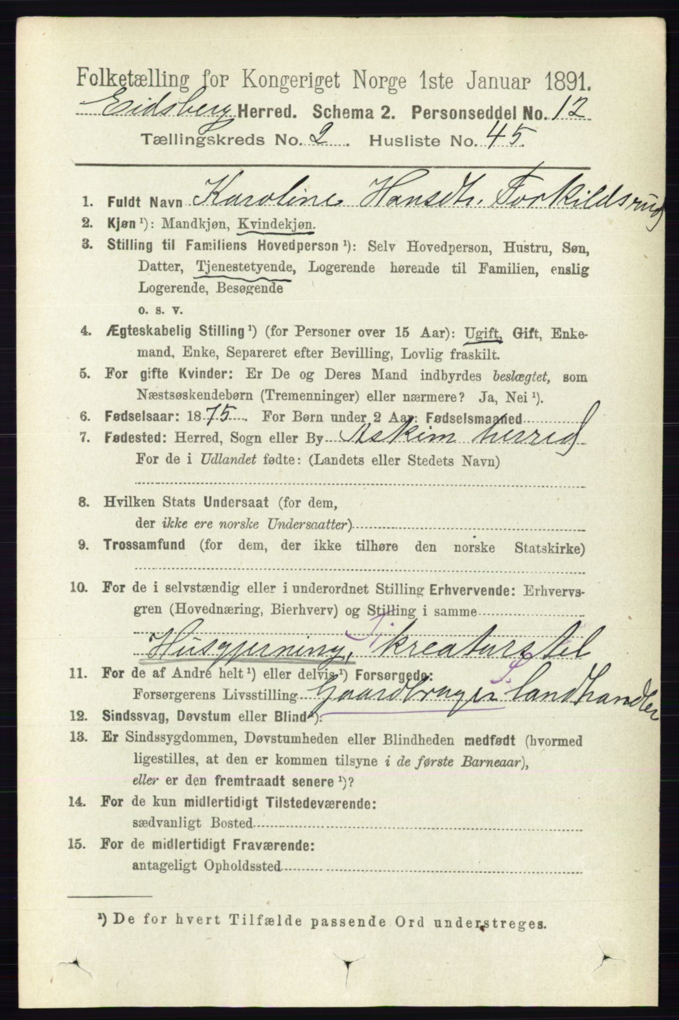 RA, 1891 census for 0125 Eidsberg, 1891, p. 1094