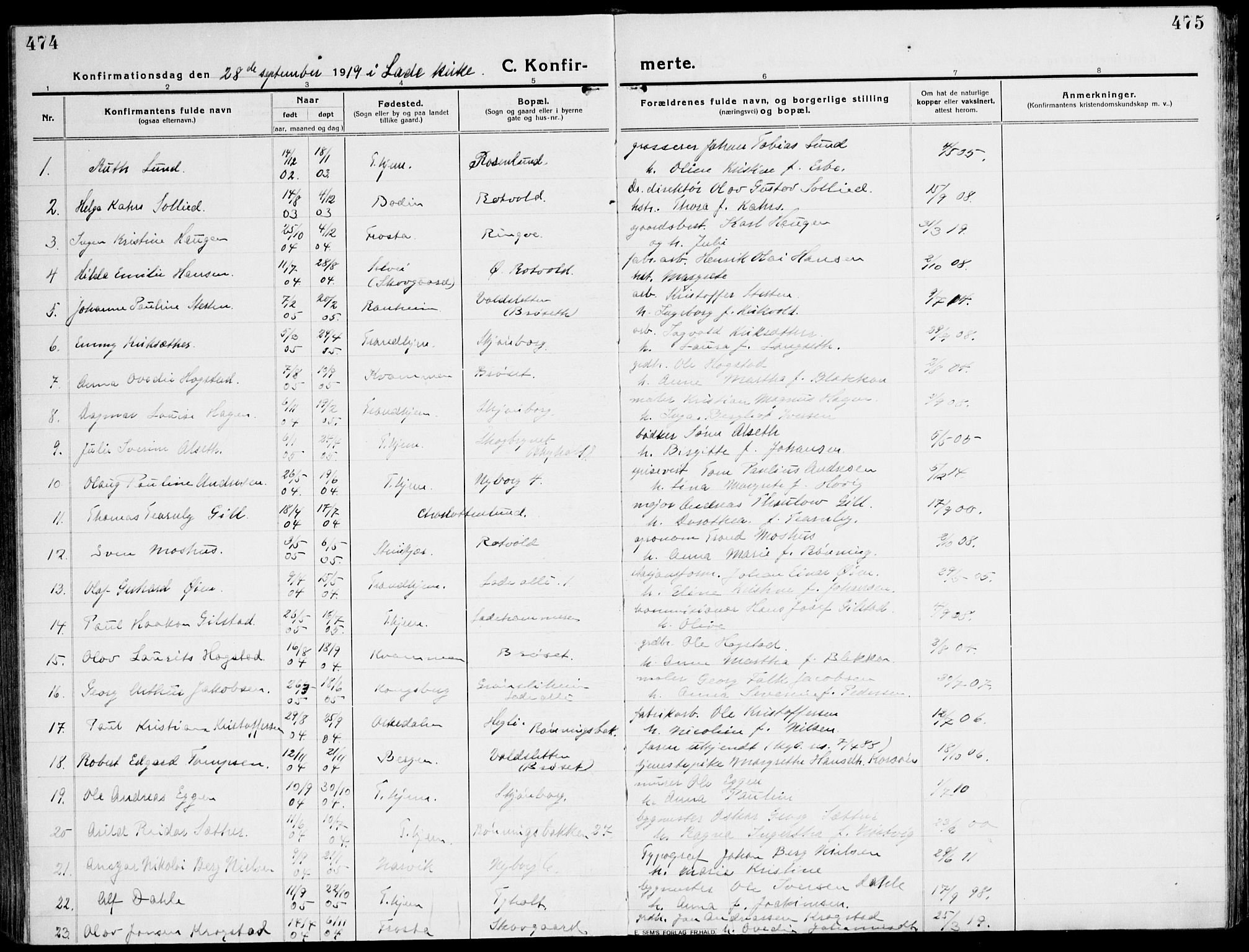 Ministerialprotokoller, klokkerbøker og fødselsregistre - Sør-Trøndelag, SAT/A-1456/607/L0321: Parish register (official) no. 607A05, 1916-1935, p. 474-475