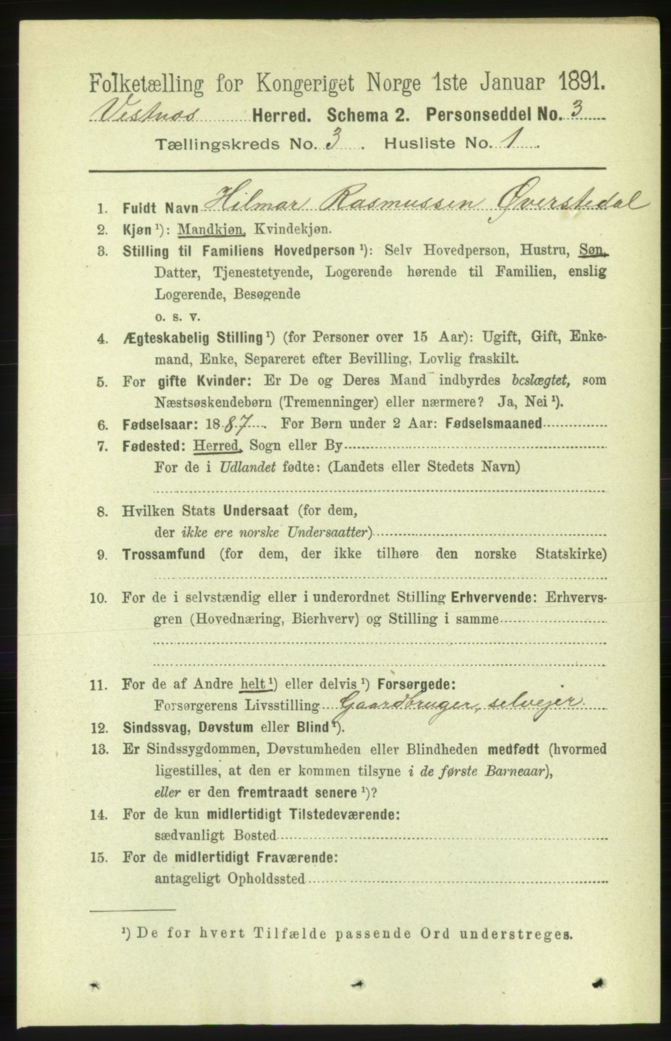 RA, 1891 census for 1535 Vestnes, 1891, p. 878