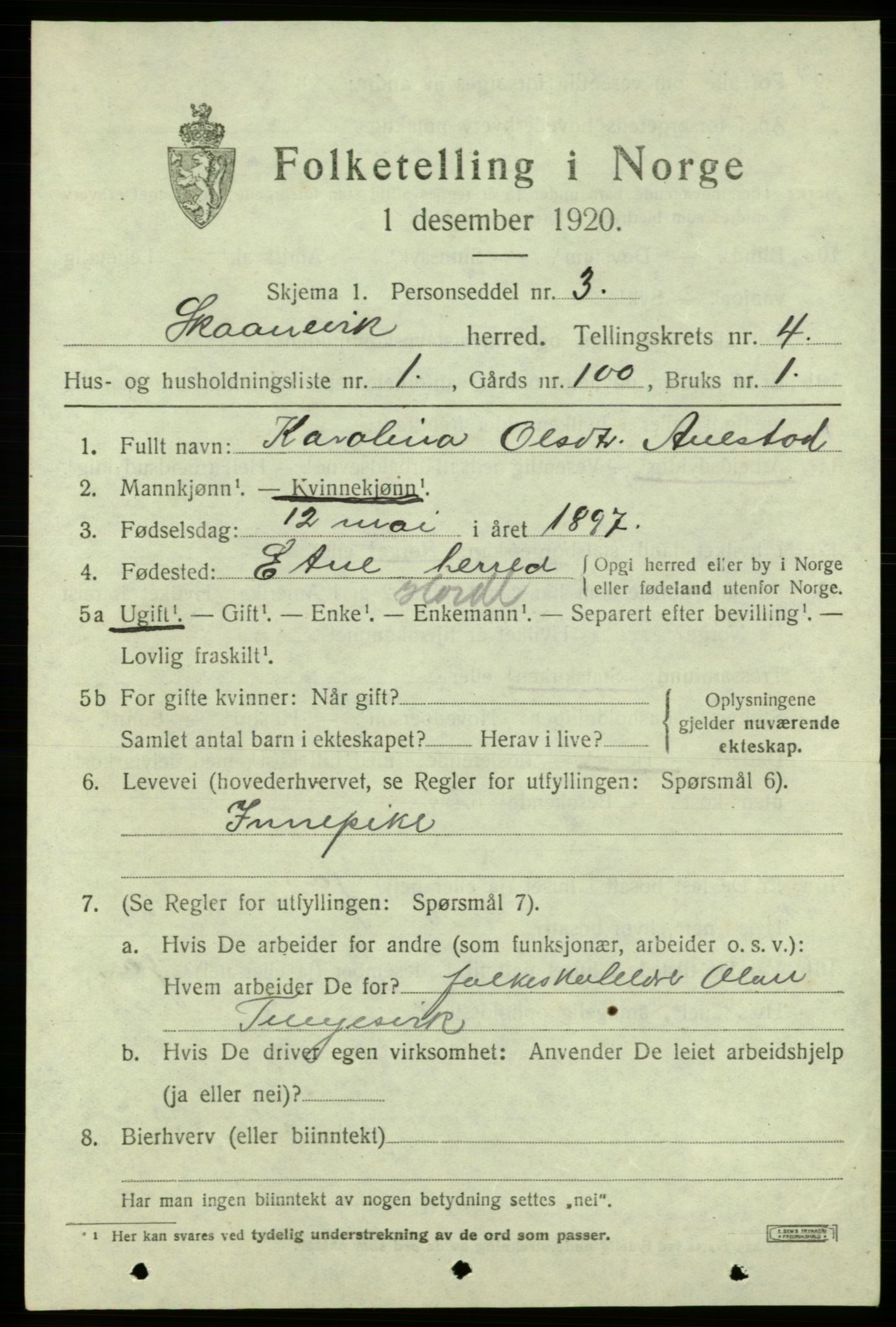 SAB, 1920 census for Skånevik, 1920, p. 3309