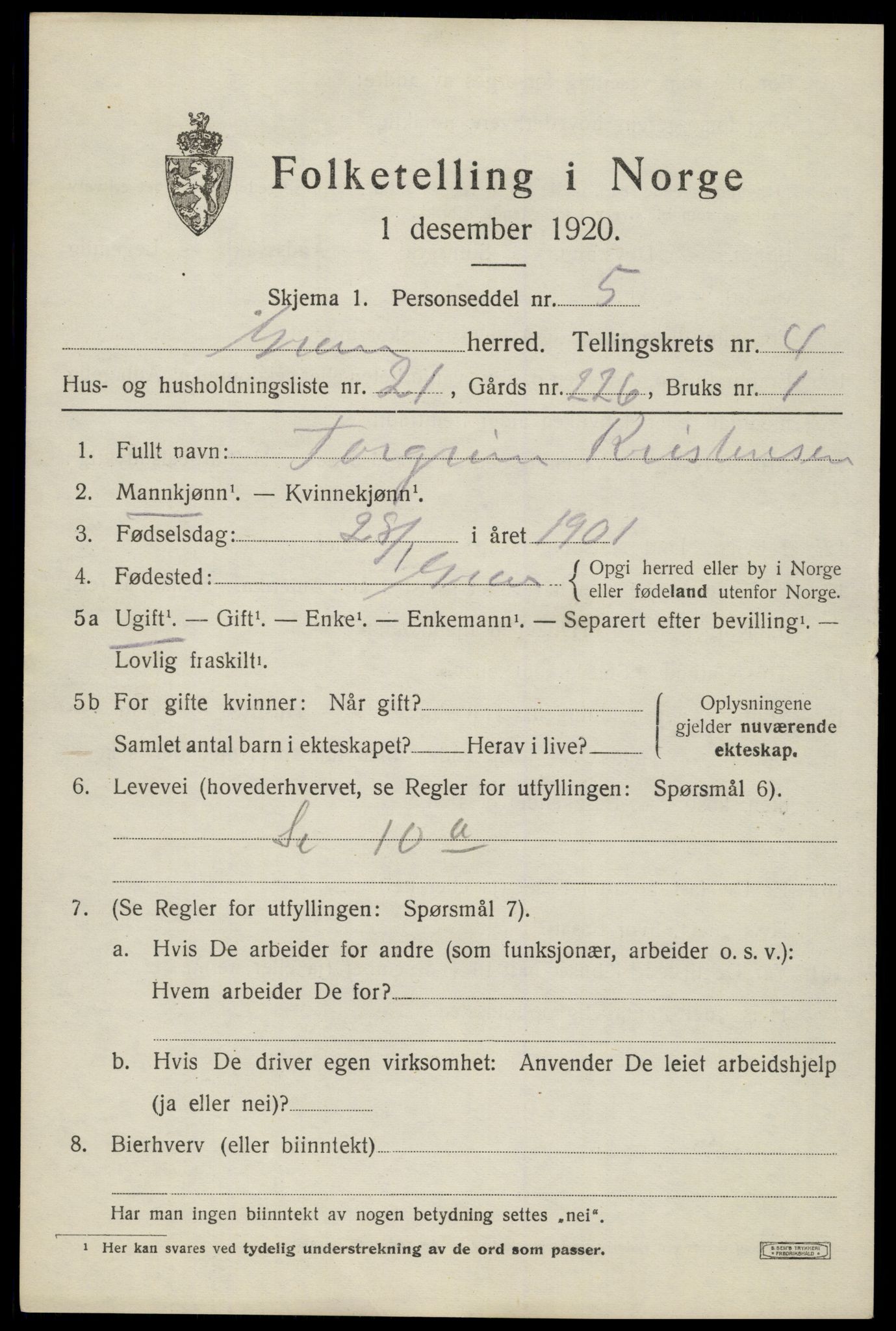 SAH, 1920 census for Gran, 1920, p. 6640