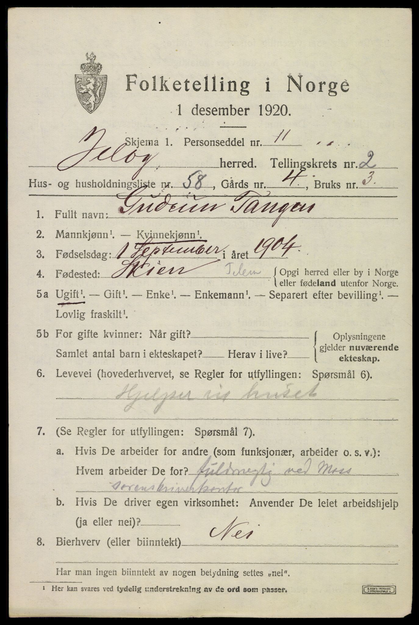 SAO, 1920 census for Moss land district, 1920, p. 2893