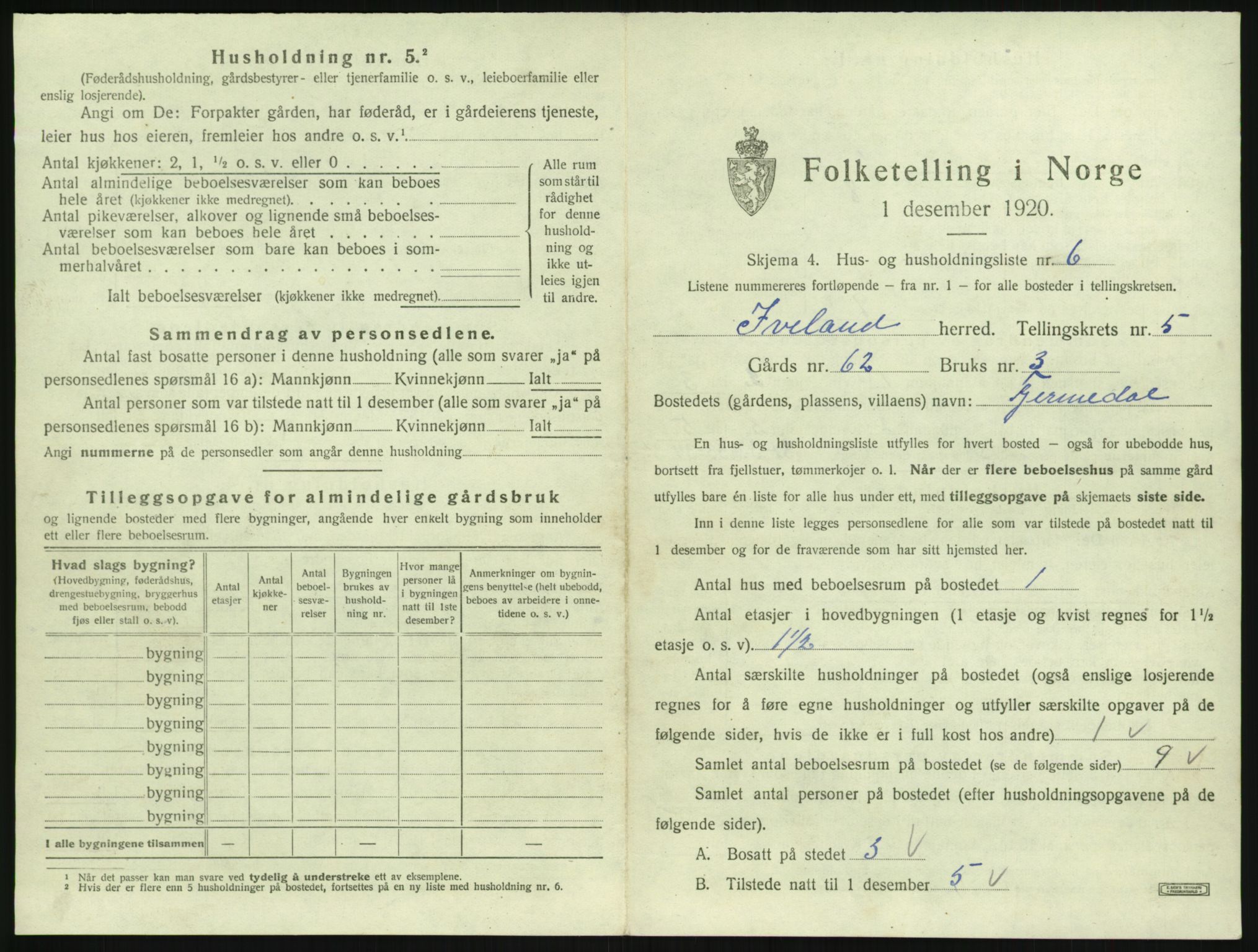 SAK, 1920 census for Iveland, 1920, p. 251