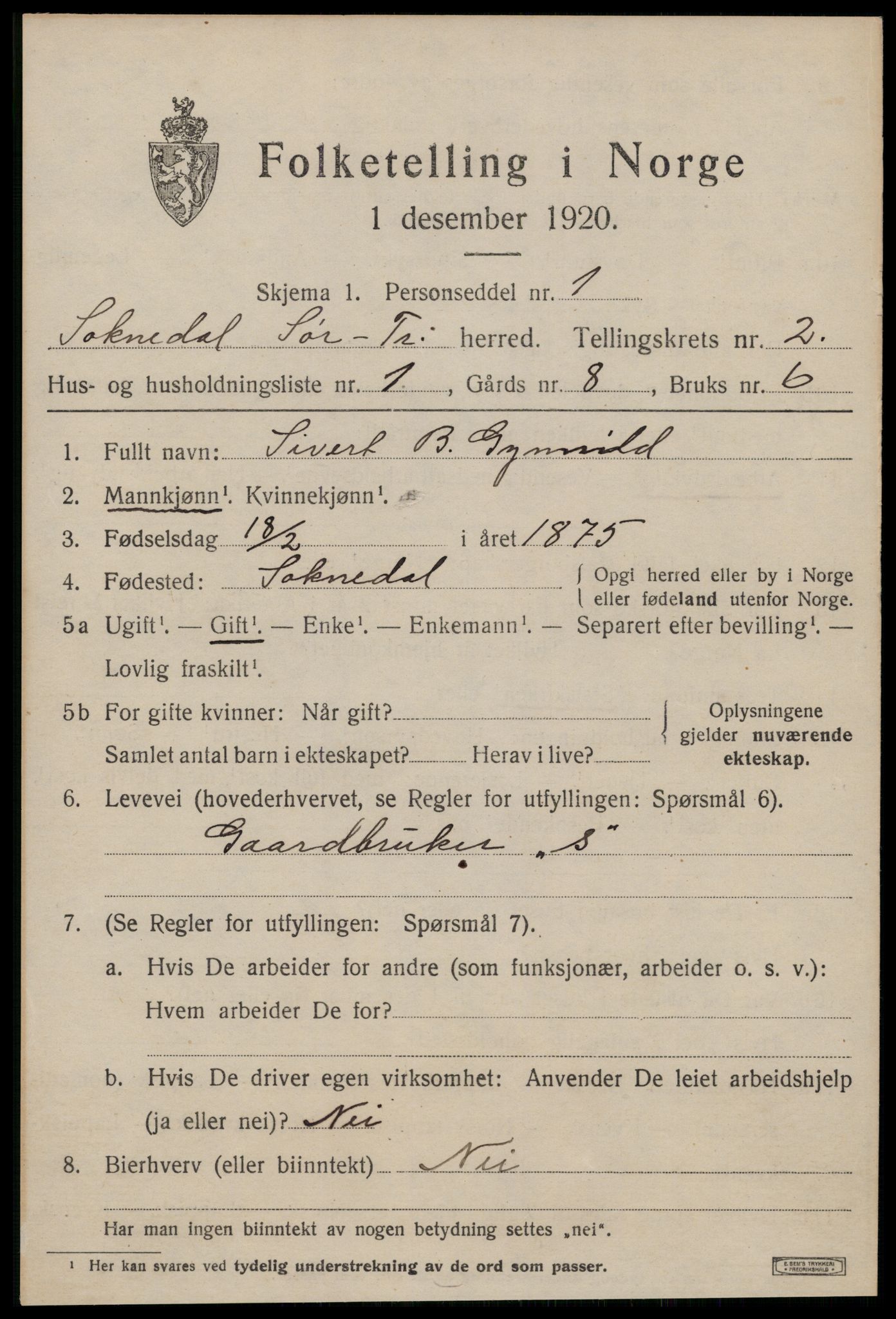 SAT, 1920 census for Soknedal, 1920, p. 1212