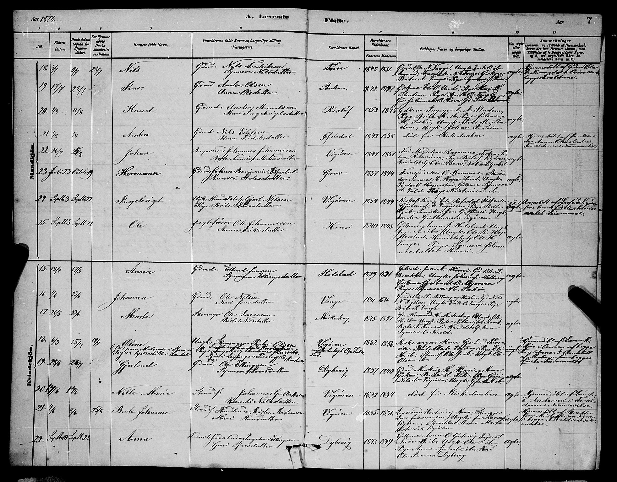 Vik sokneprestembete, SAB/A-81501: Parish register (copy) no. A 3, 1878-1894, p. 7
