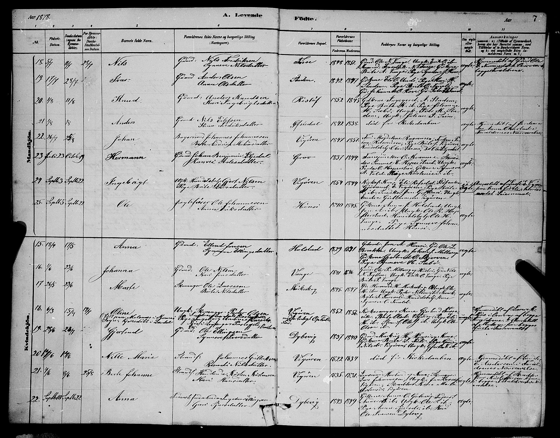 Vik sokneprestembete, AV/SAB-A-81501/H/Hab/Haba/L0003: Parish register (copy) no. A 3, 1878-1894, p. 7