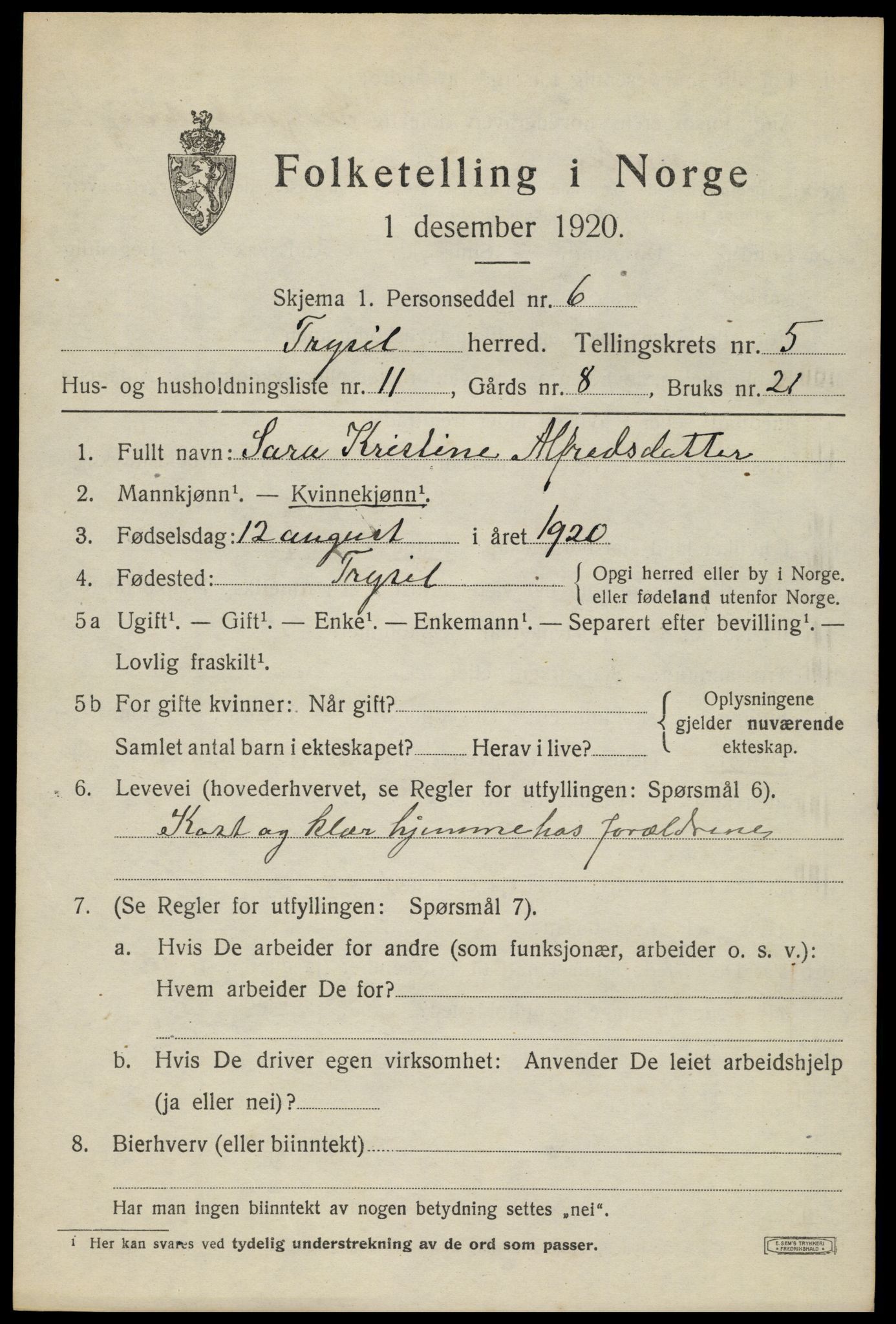 SAH, 1920 census for Trysil, 1920, p. 4425