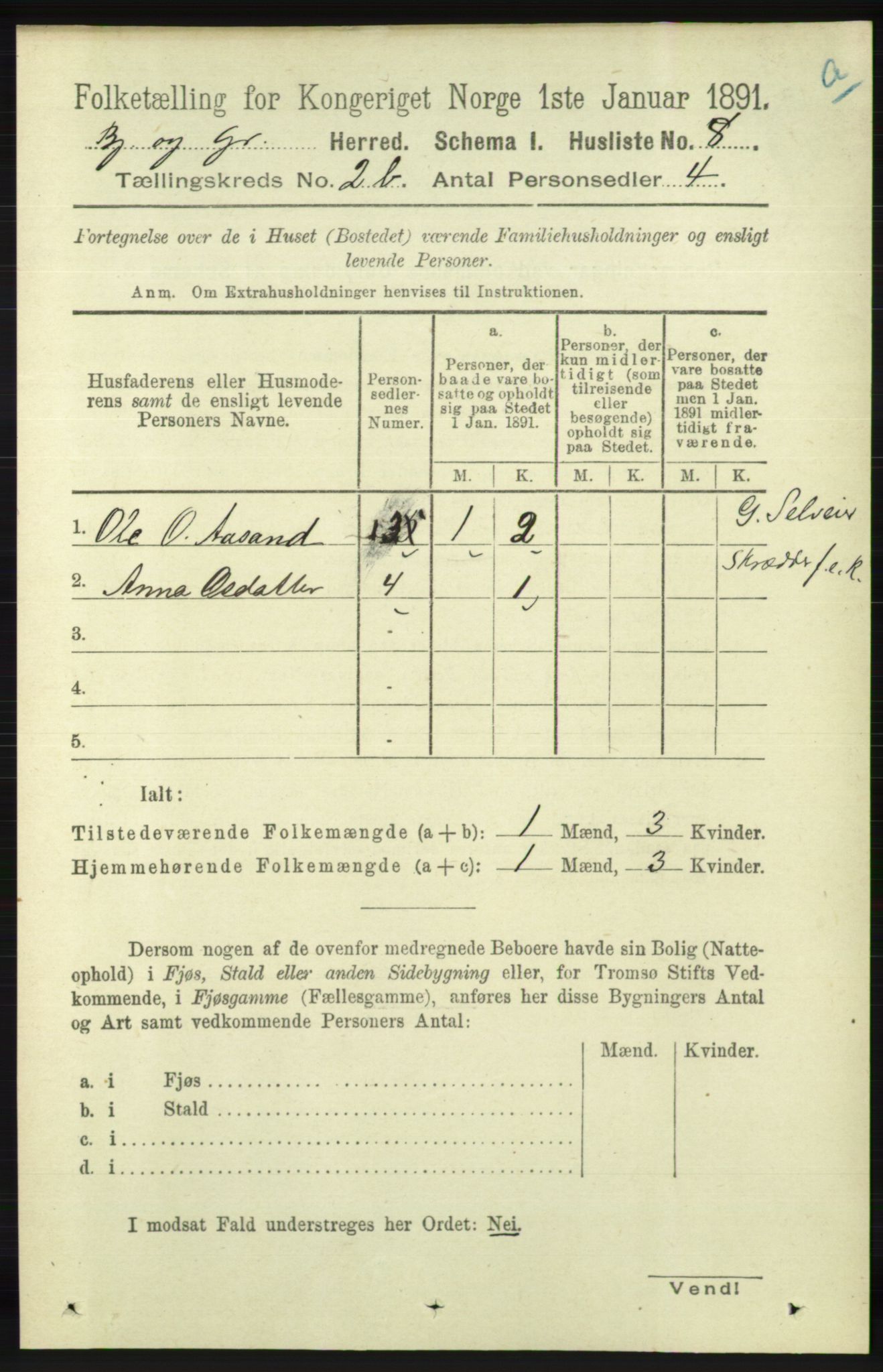 RA, 1891 census for 1024 Bjelland og Grindheim, 1891, p. 1084