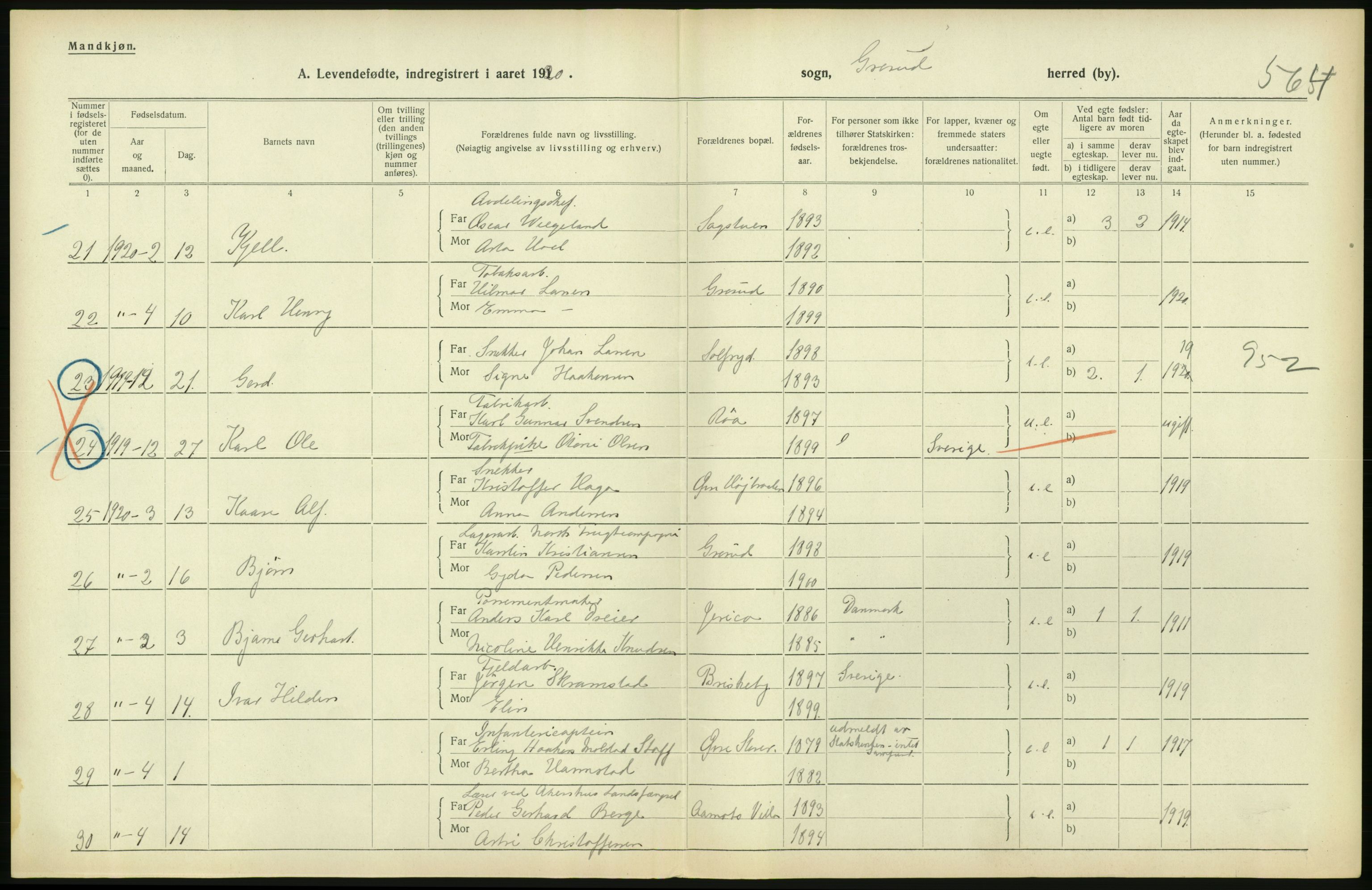 Statistisk sentralbyrå, Sosiodemografiske emner, Befolkning, RA/S-2228/D/Df/Dfb/Dfbj/L0004: Akershus fylke: Levendefødte menn og kvinner. Bygder., 1920, p. 116