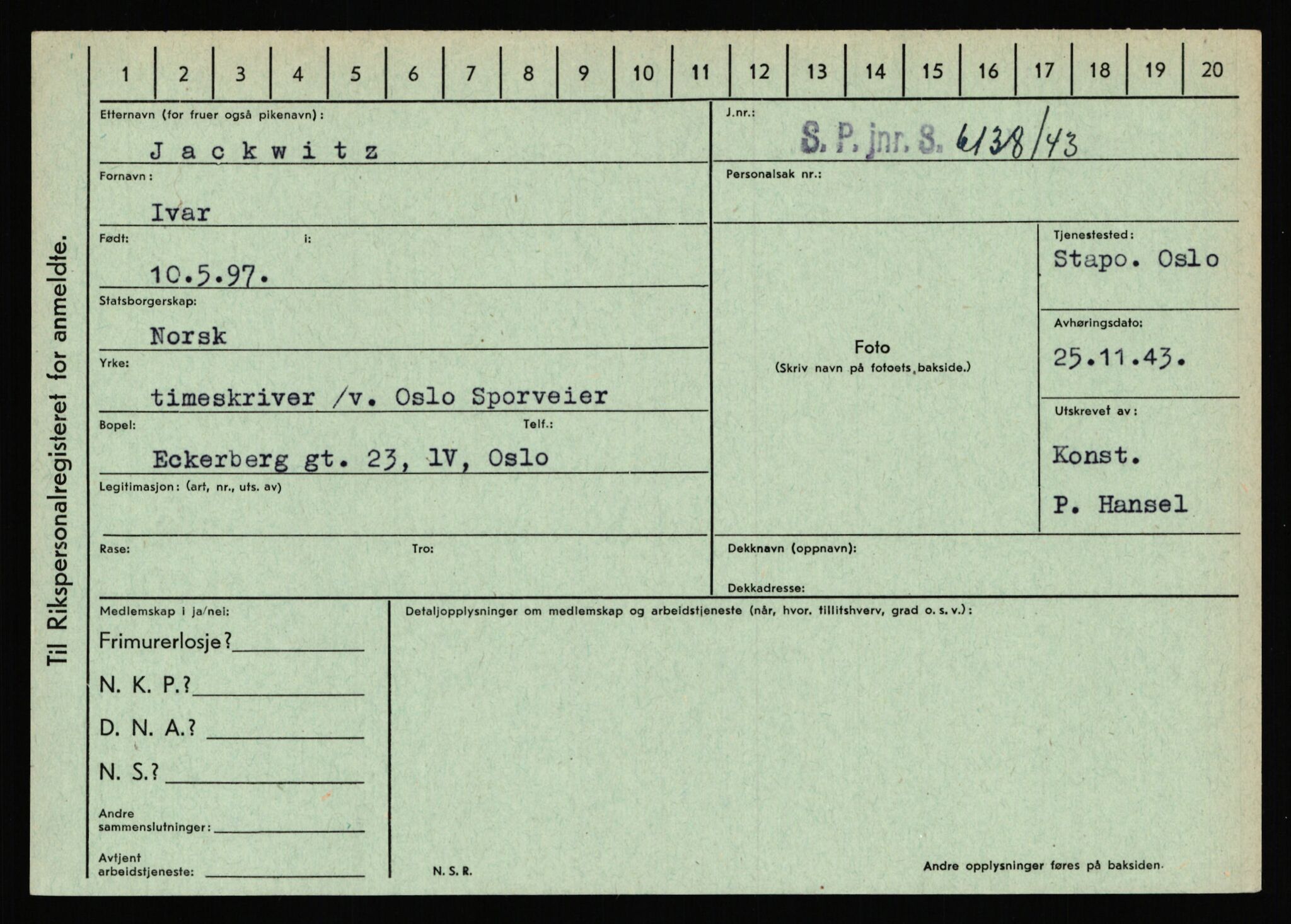 Statspolitiet - Hovedkontoret / Osloavdelingen, AV/RA-S-1329/C/Ca/L0007: Hol - Joelsen, 1943-1945, p. 2854