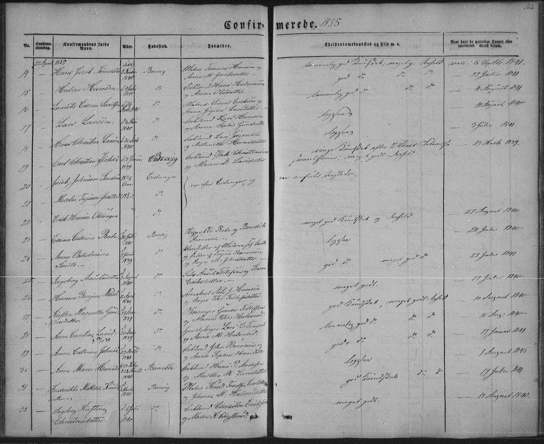 Brevik kirkebøker, AV/SAKO-A-255/F/Fa/L0005: Parish register (official) no. 5, 1847-1865, p. 162