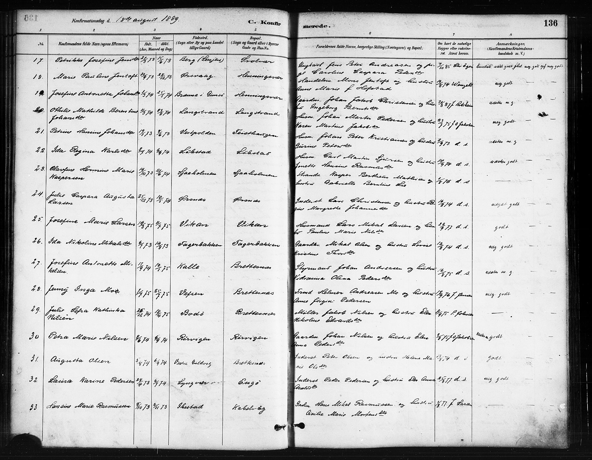 Ministerialprotokoller, klokkerbøker og fødselsregistre - Nordland, AV/SAT-A-1459/874/L1059: Parish register (official) no. 874A03, 1884-1890, p. 136