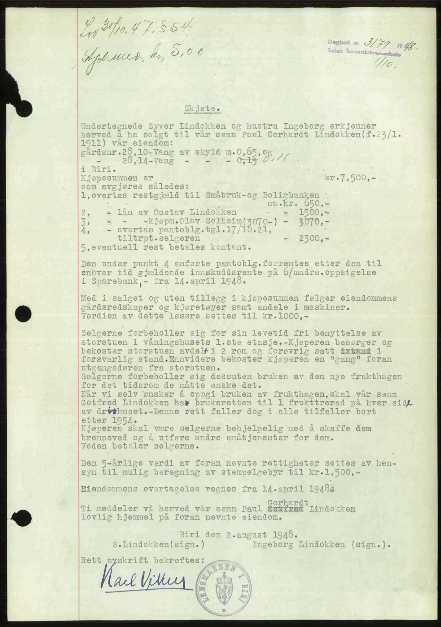 Toten tingrett, SAH/TING-006/H/Hb/Hbc/L0020: Mortgage book no. Hbc-20, 1948-1948, Diary no: : 3179/1948