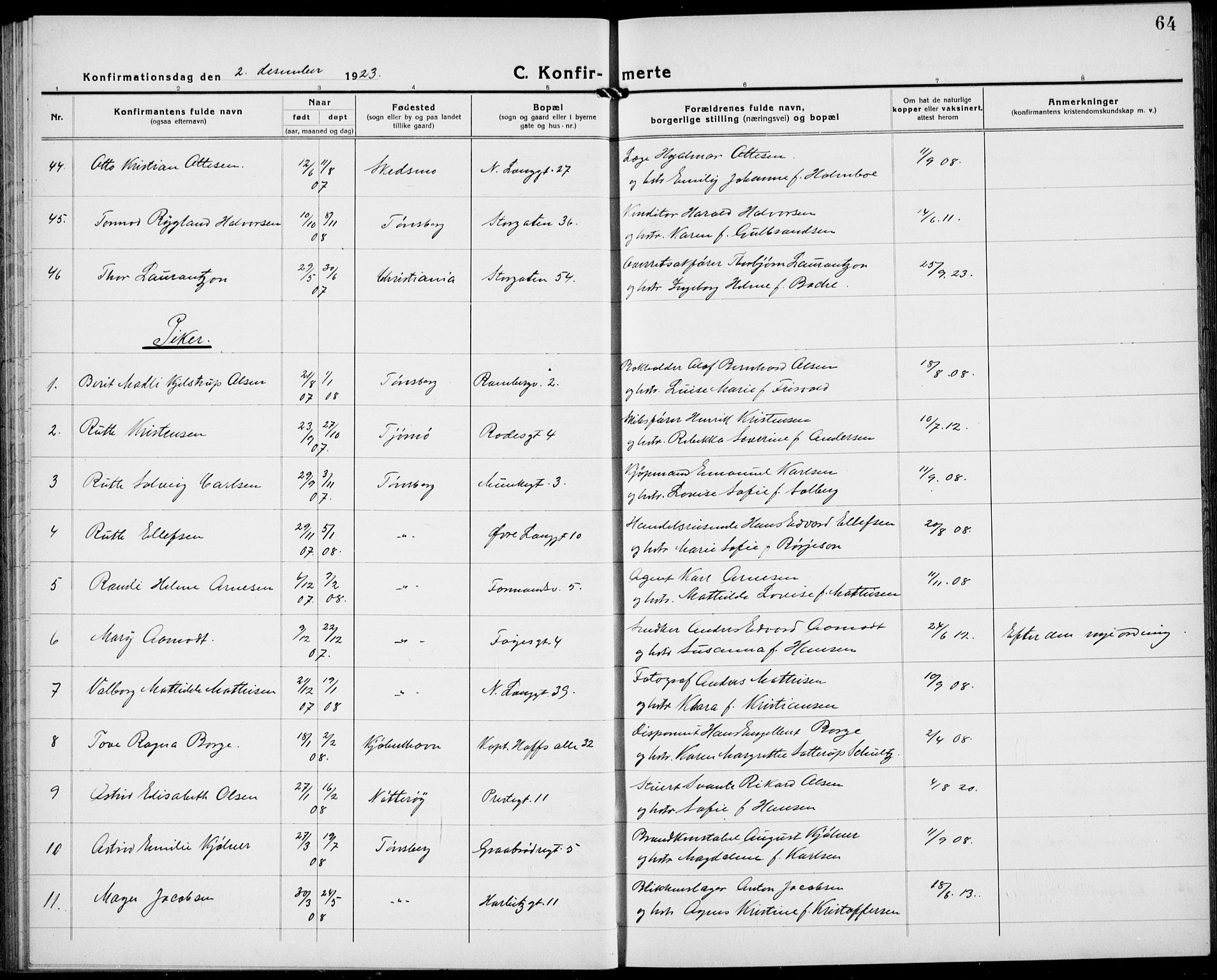 Tønsberg kirkebøker, AV/SAKO-A-330/G/Ga/L0013: Parish register (copy) no. 13, 1920-1929, p. 64