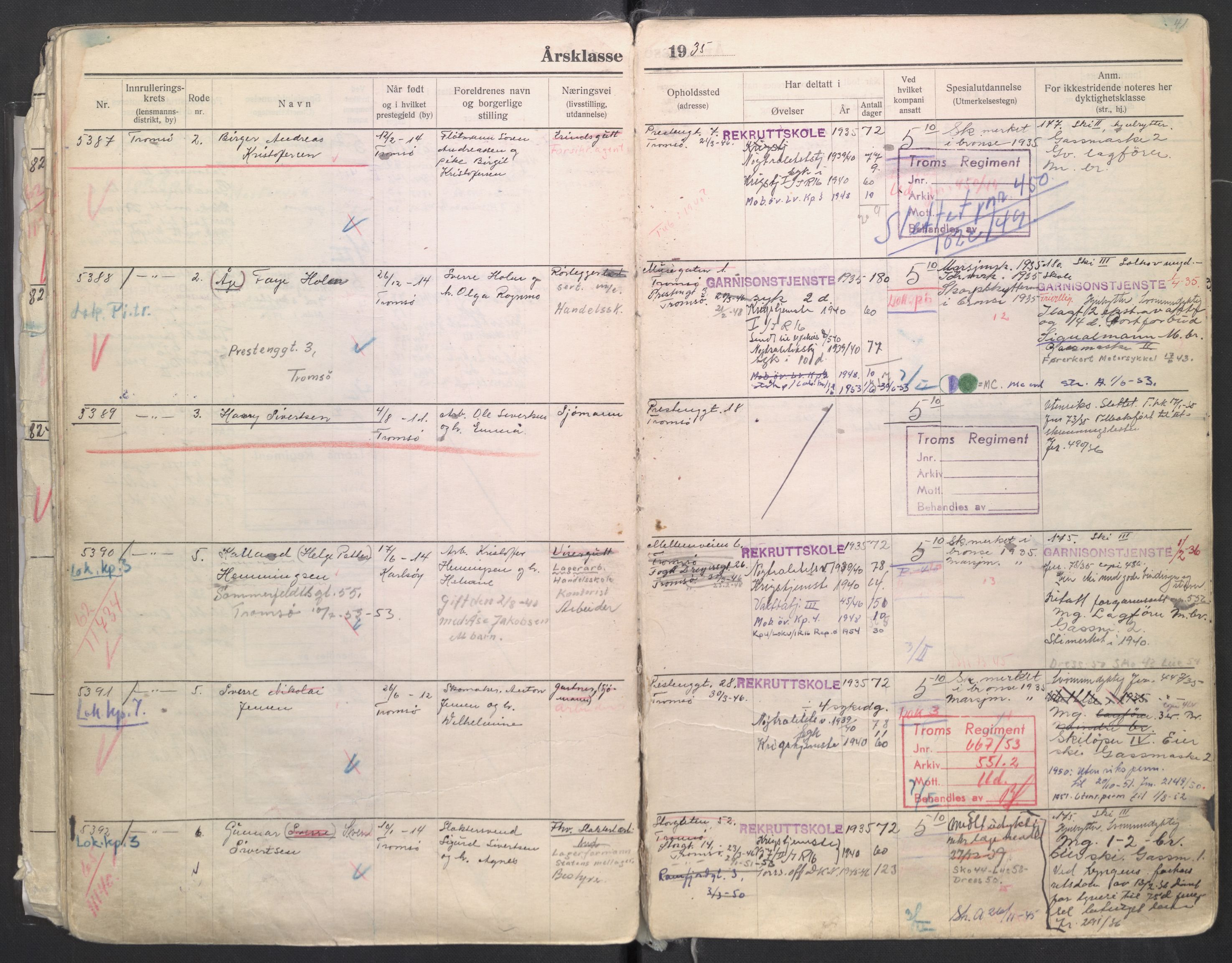 Forsvaret, Troms infanteriregiment nr. 16, AV/RA-RAFA-3146/P/Pa/L0006/0008: Ruller / Rulle for regimentets menige mannskaper, årsklasse 1935, 1935, p. 41