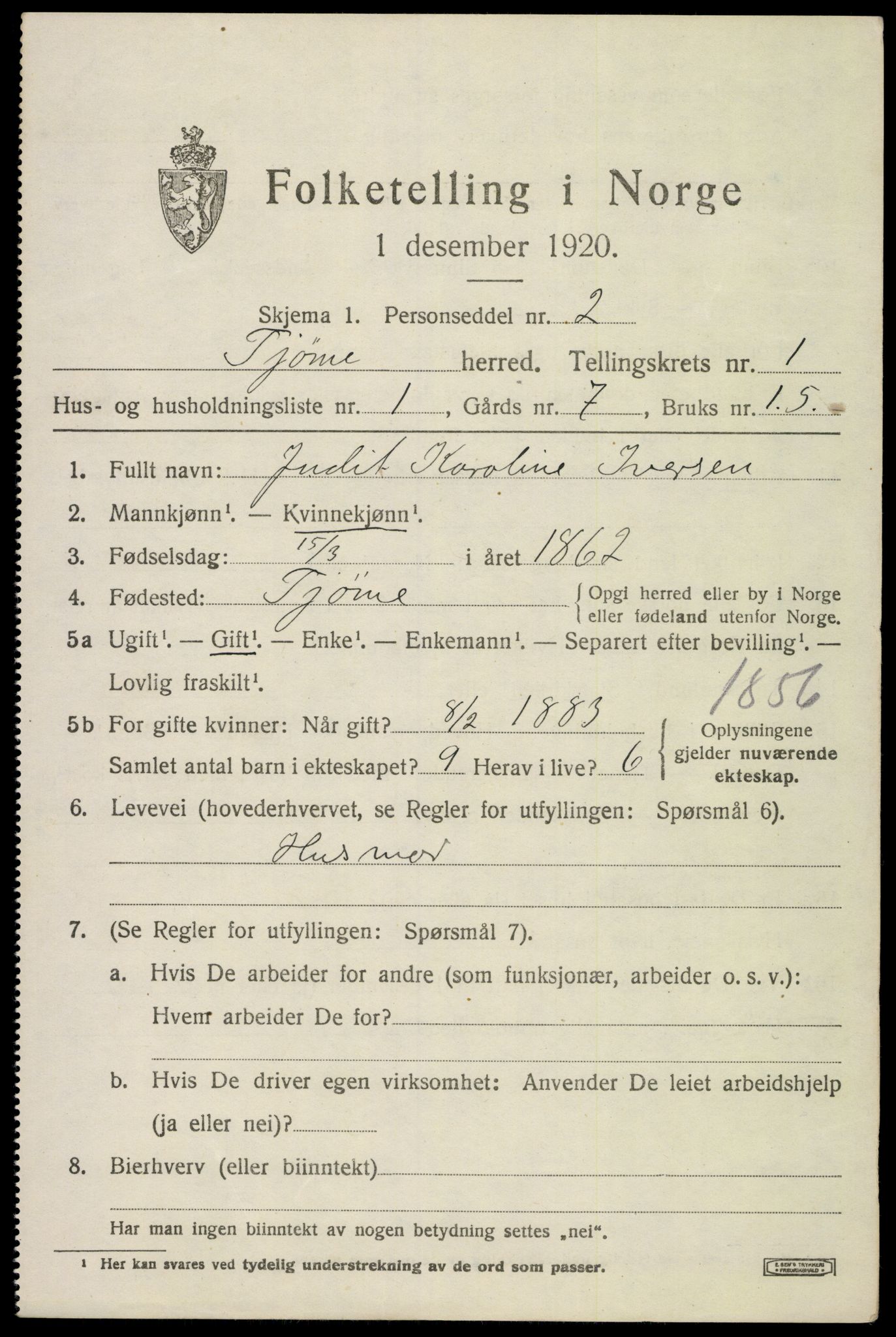 SAKO, 1920 census for Tjøme, 1920, p. 1511