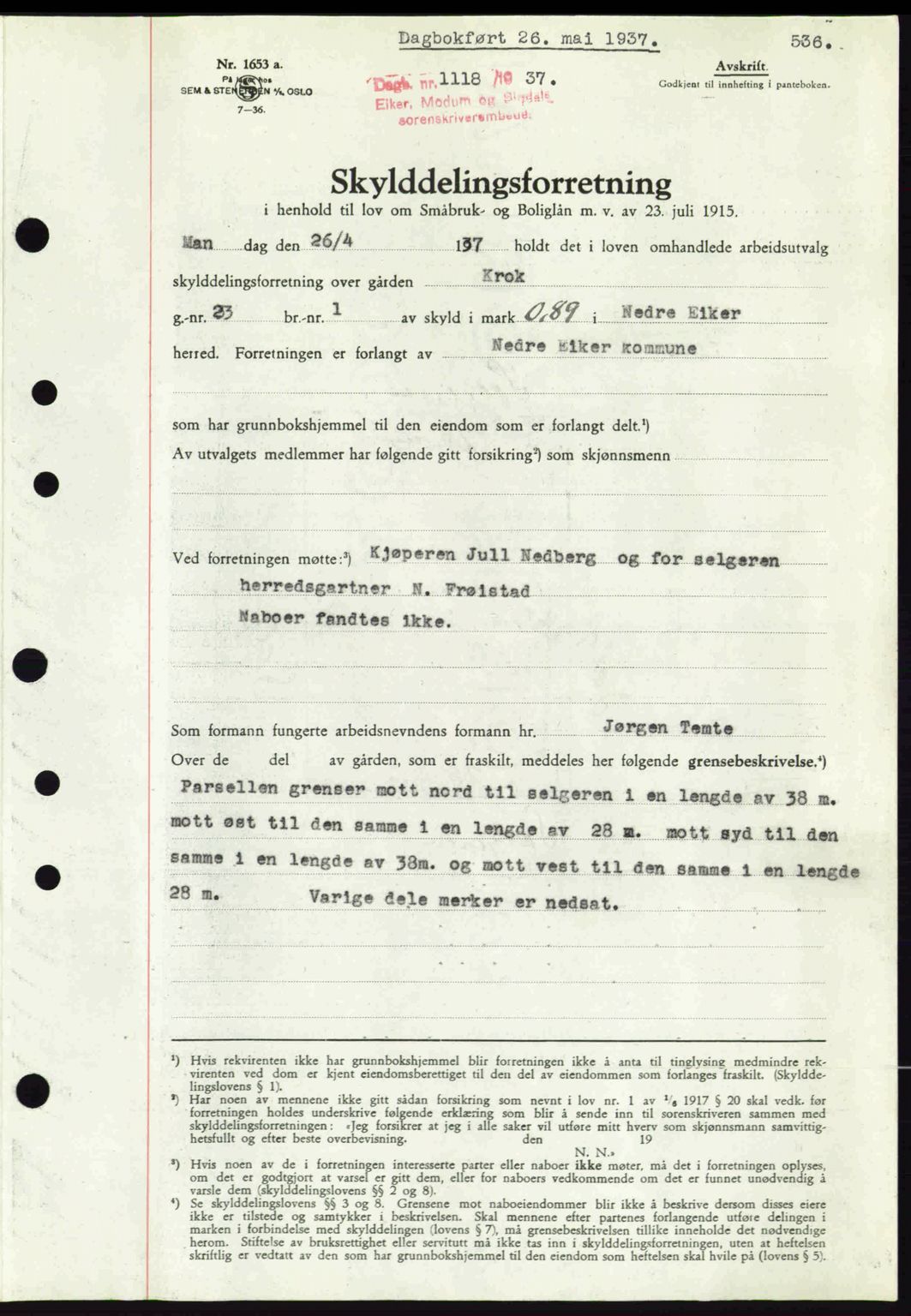 Eiker, Modum og Sigdal sorenskriveri, SAKO/A-123/G/Ga/Gab/L0035: Mortgage book no. A5, 1937-1937, Diary no: : 1118/1937