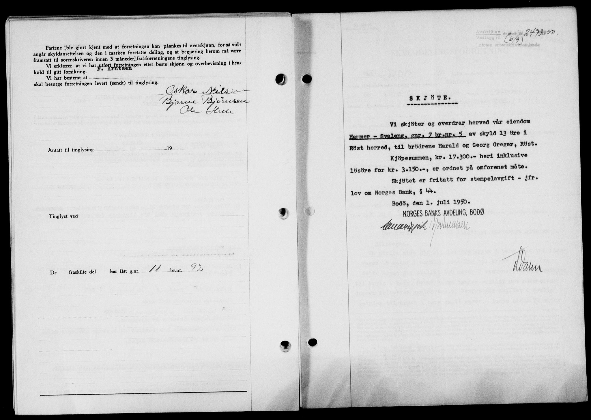 Lofoten sorenskriveri, SAT/A-0017/1/2/2C/L0024a: Mortgage book no. 24a, 1950-1950, Diary no: : 2473/1950